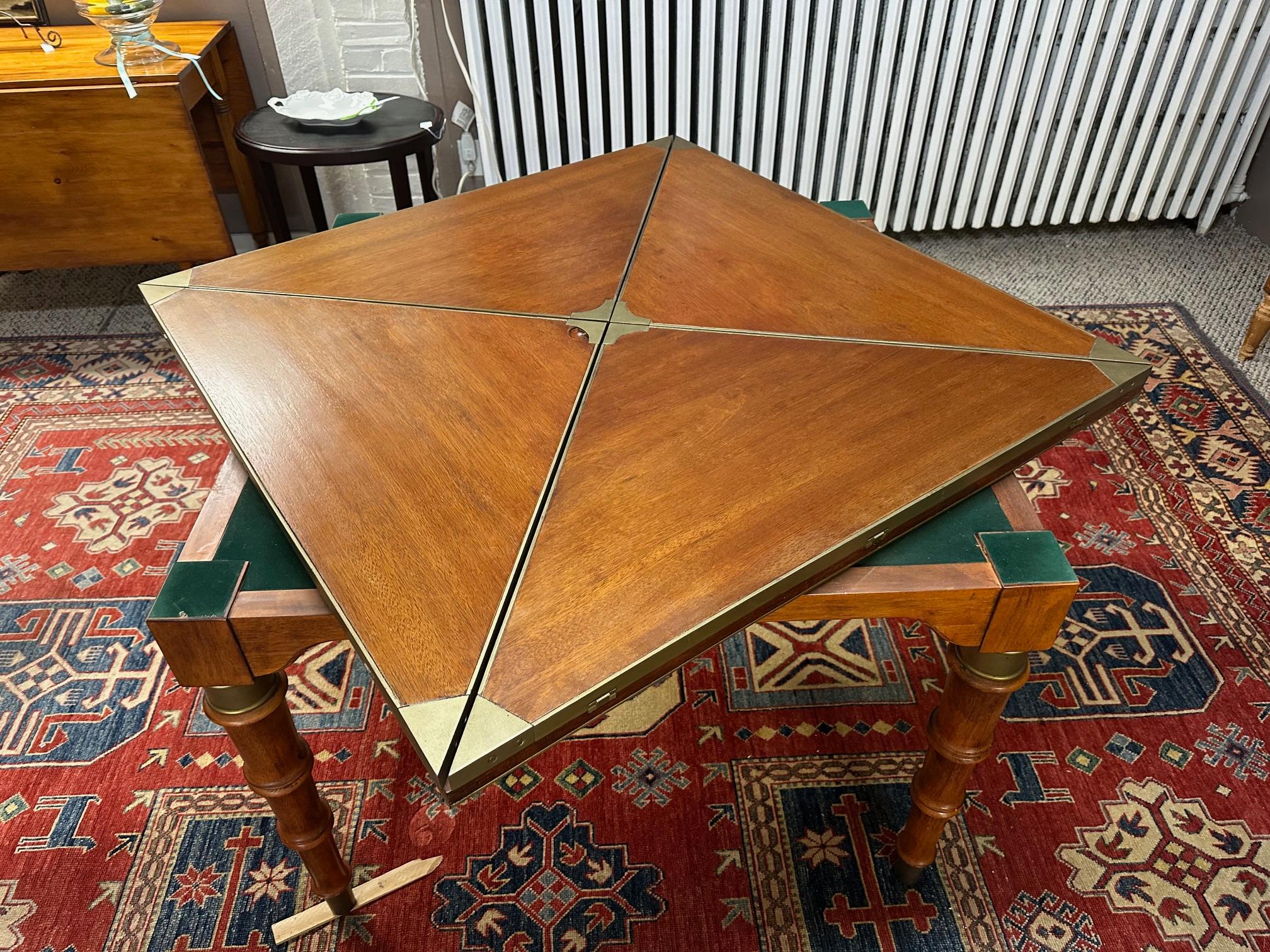 Handsome Mahogany and Brass Game Table with Leather Chairs For Sale 1