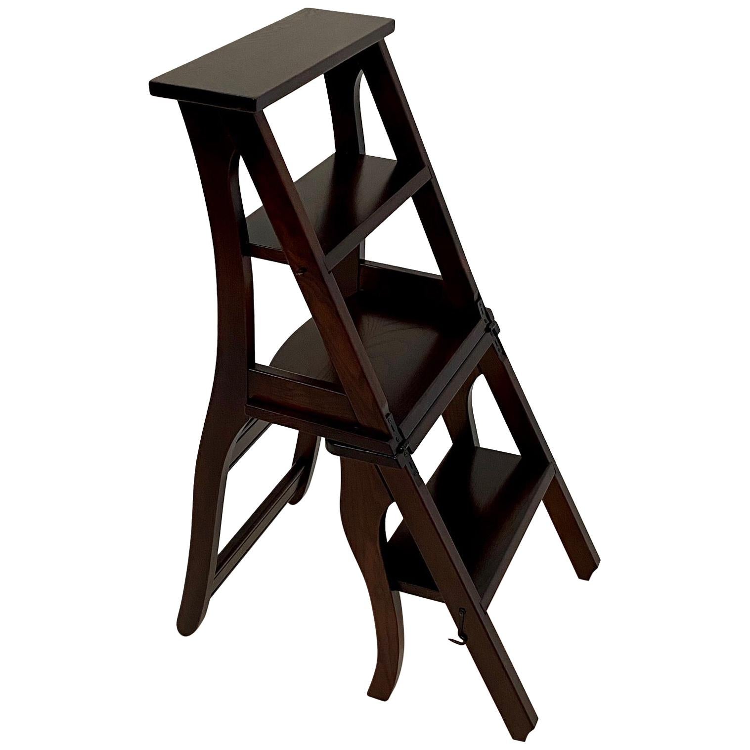 Handsome Mahogany Folding Library Steps and Chair