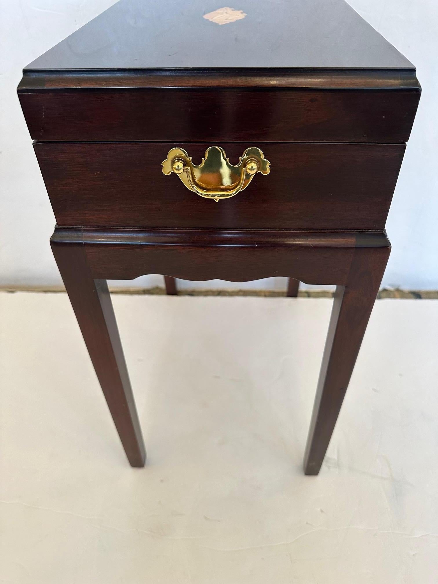 Brass Handsome Mahogany Inlaid Box on Stand End Table For Sale