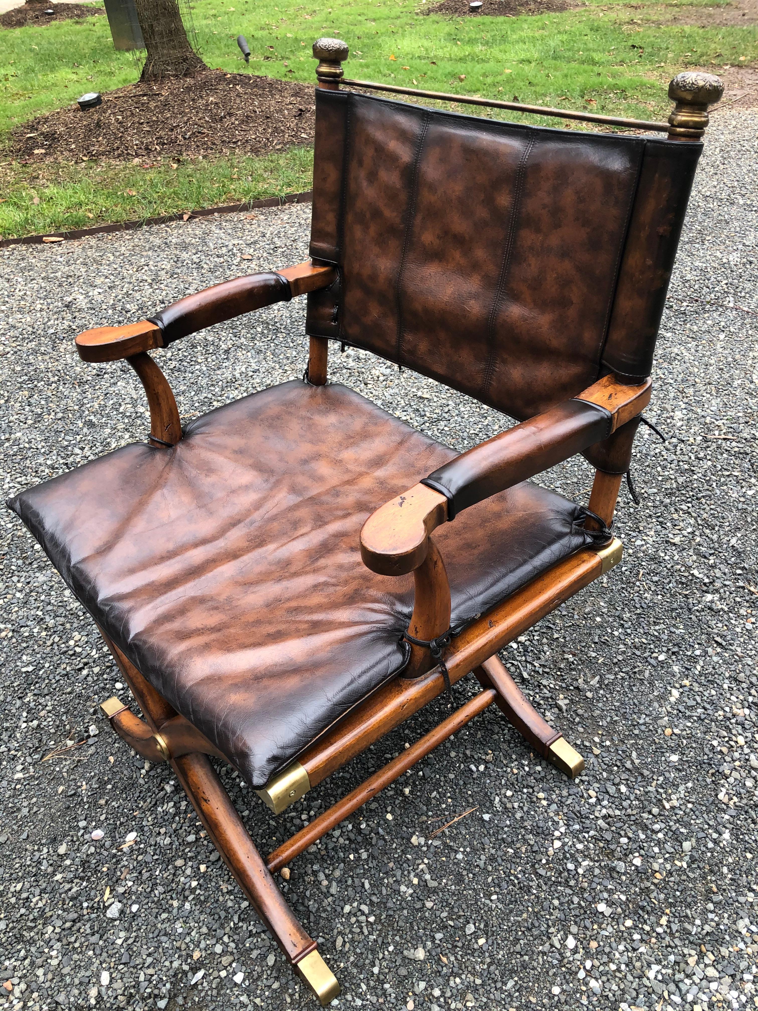 Contemporary Handsome Mahogany and Leather Campaign Safari Chair