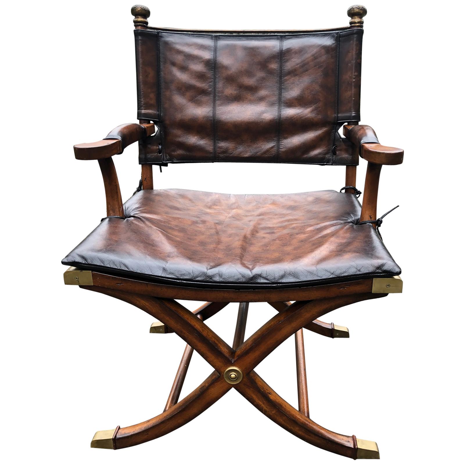 Handsome Mahogany and Leather Campaign Safari Chair