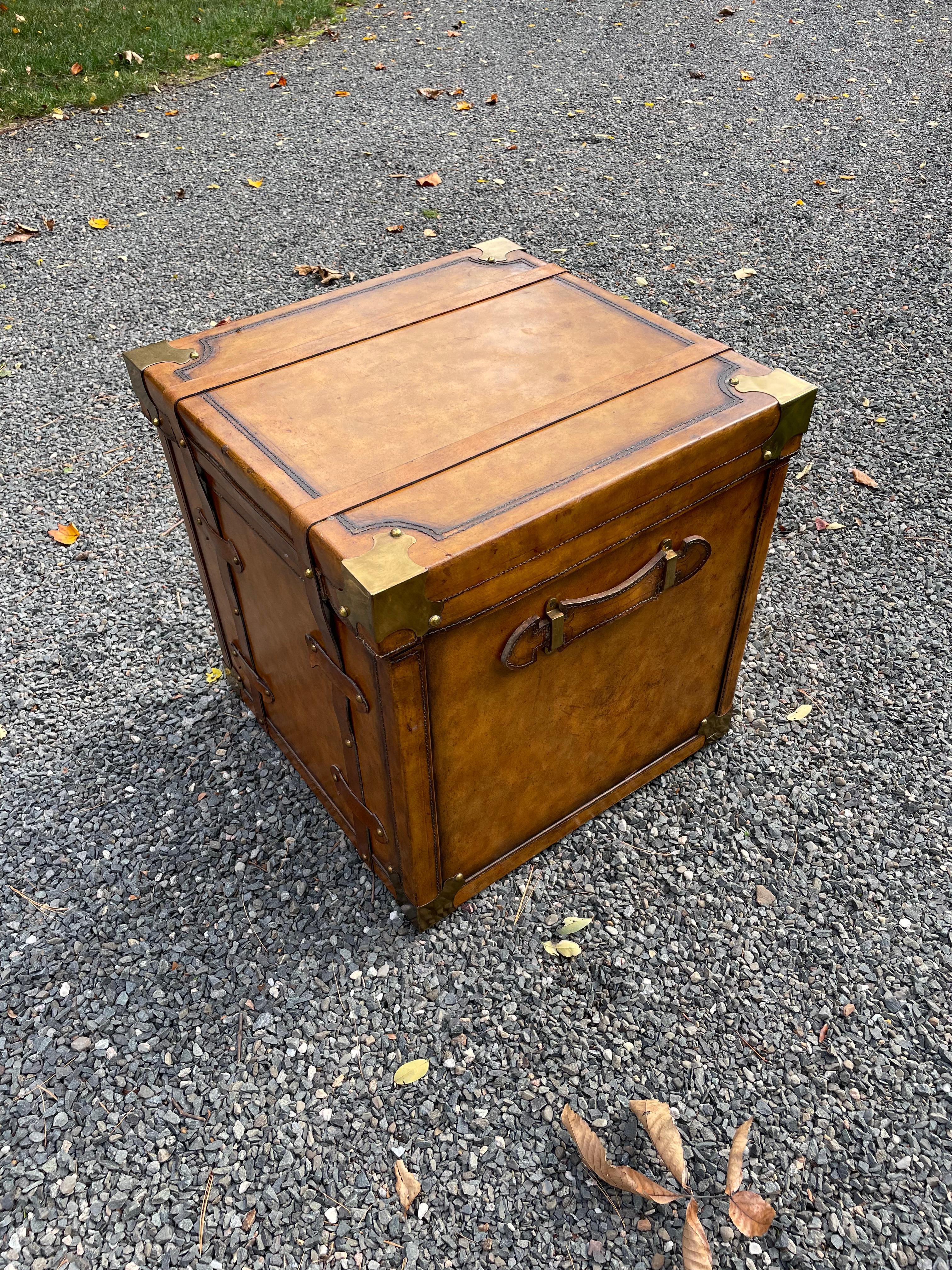 American Handsome Maitland Smith Leather End Table That Looks Like a Trunk