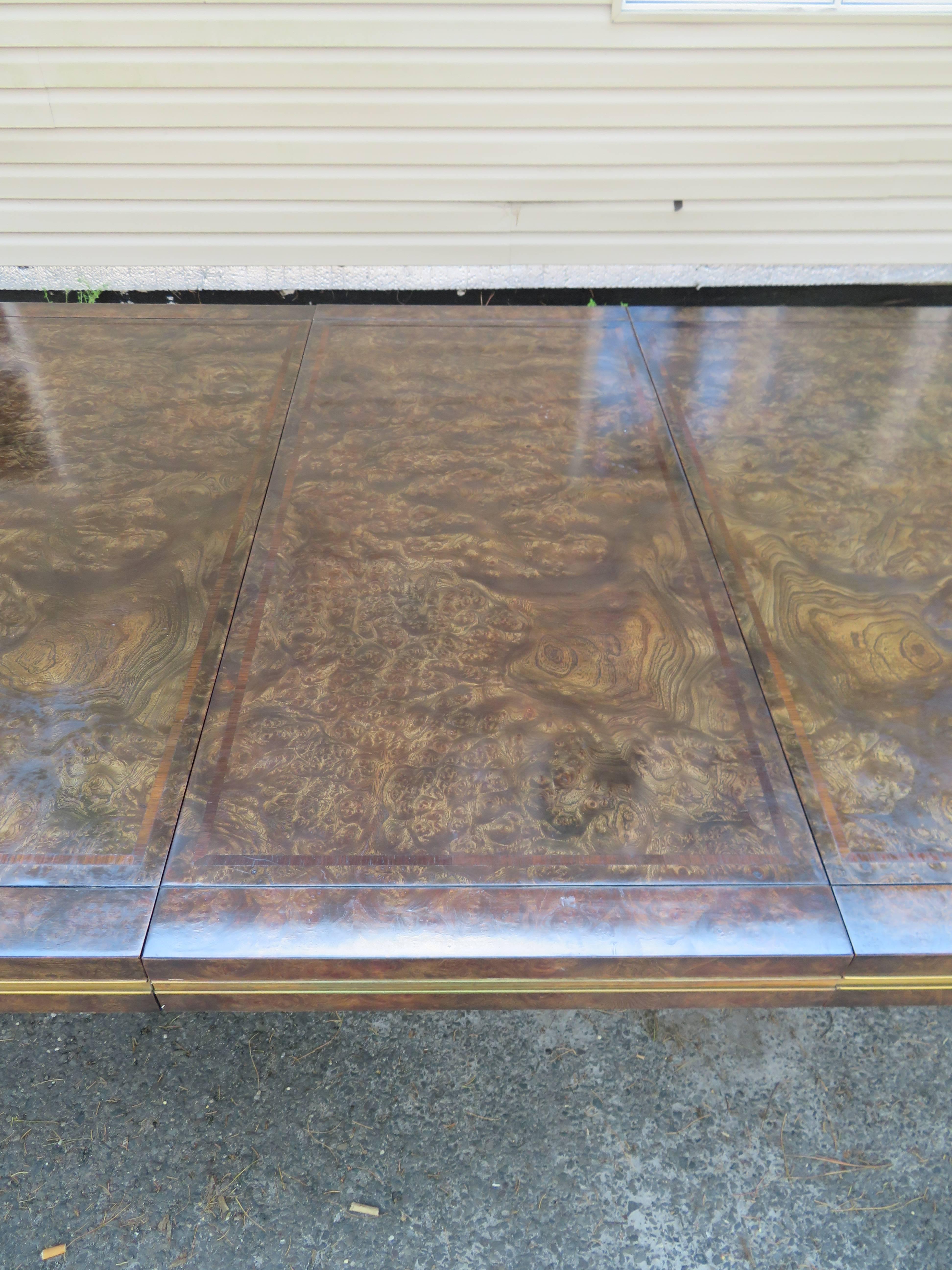 Late 20th Century Handsome Mastercraft Amboyna Burl and Brass Parsons Leg Dining Table Midcentury For Sale