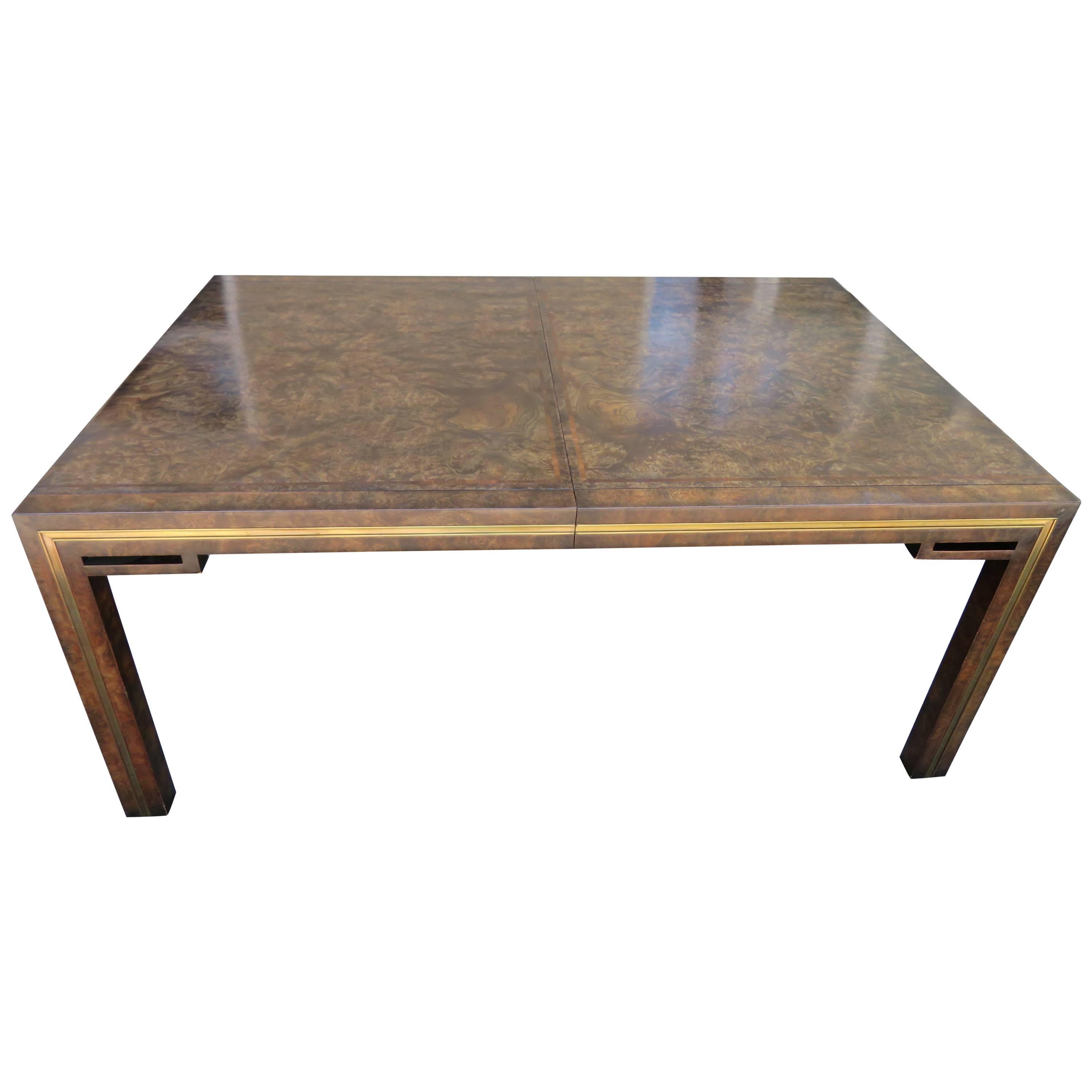 Handsome Mastercraft Amboyna Burl and Brass Parsons Leg Dining Table Midcentury For Sale