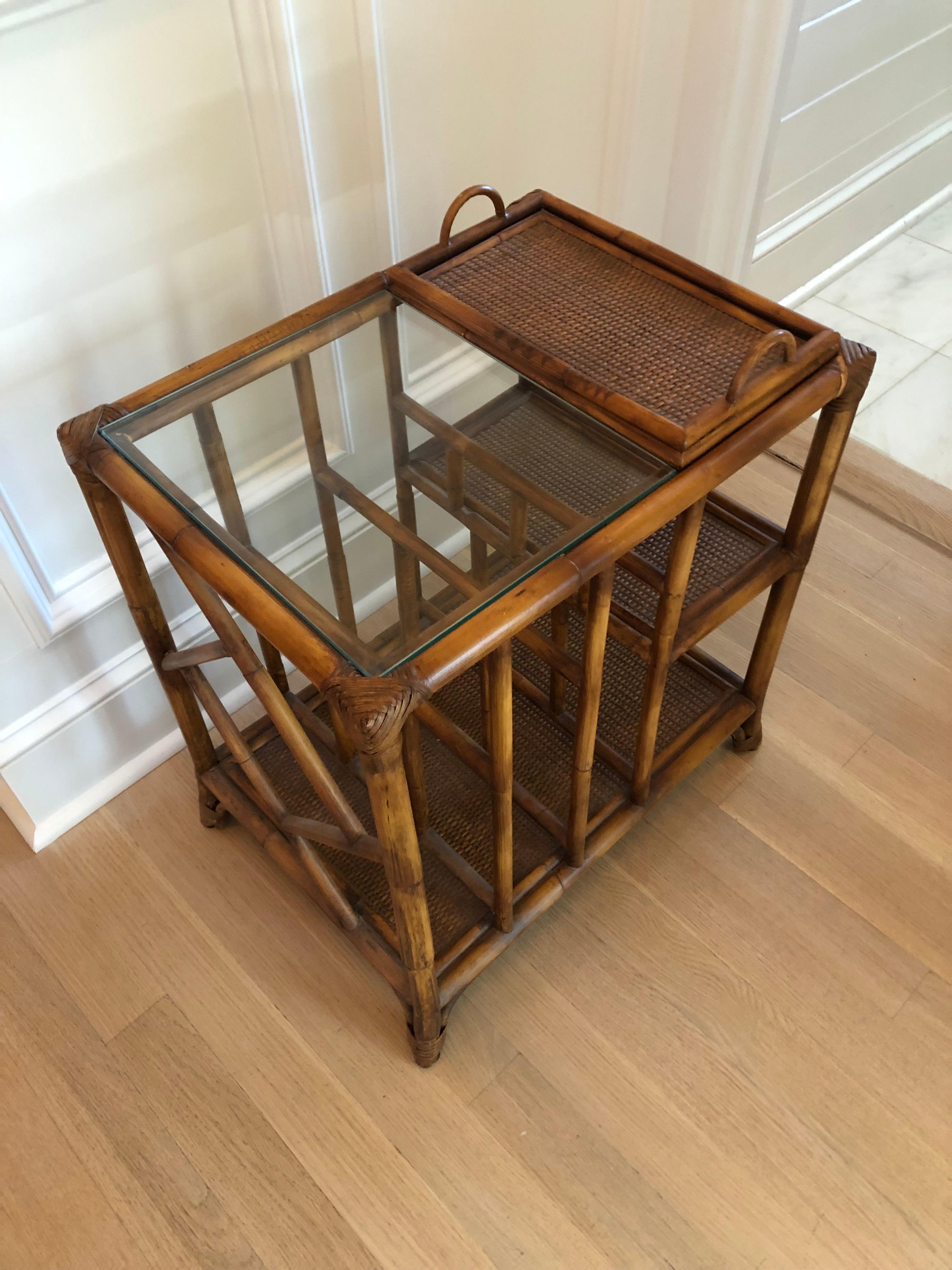Late 20th Century Handsome McGuire Style Bamboo & Rattan Side Table Magazine Stand