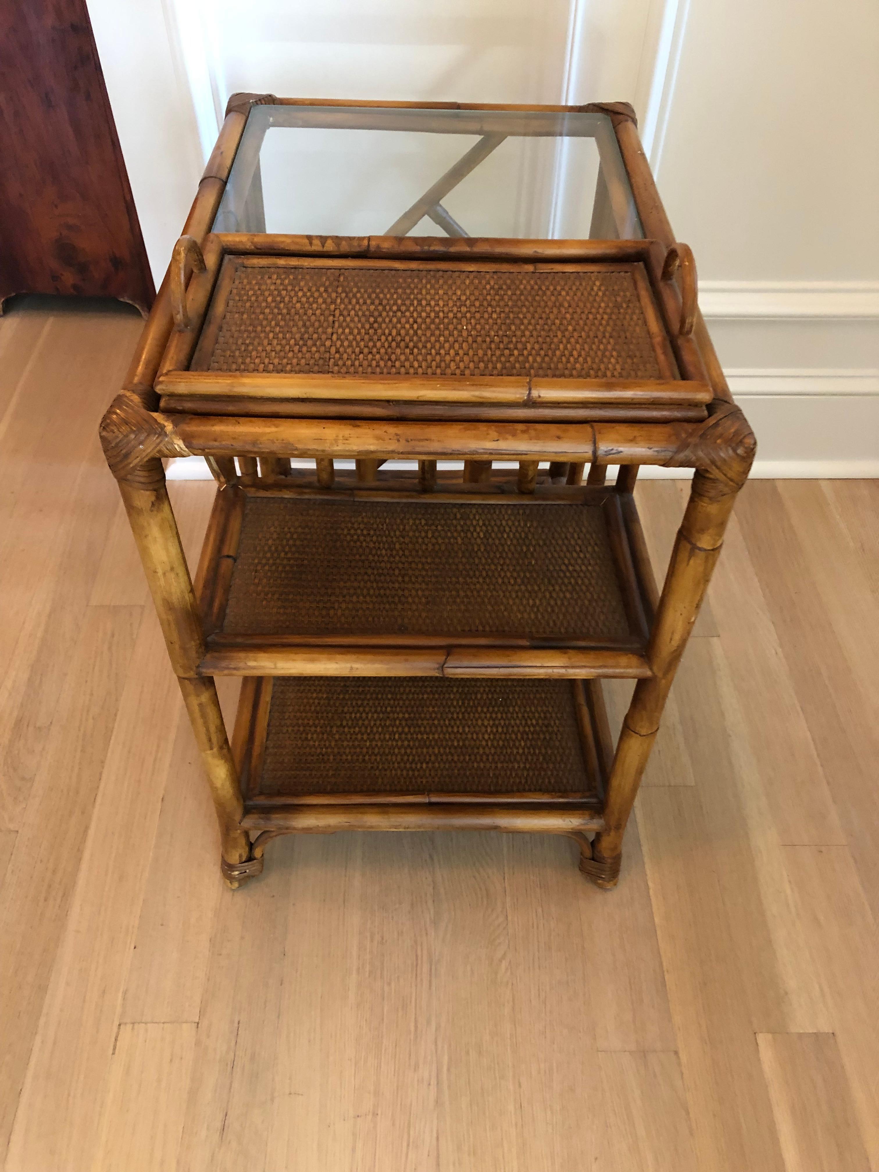 Handsome McGuire Style Bamboo & Rattan Side Table Magazine Stand 3