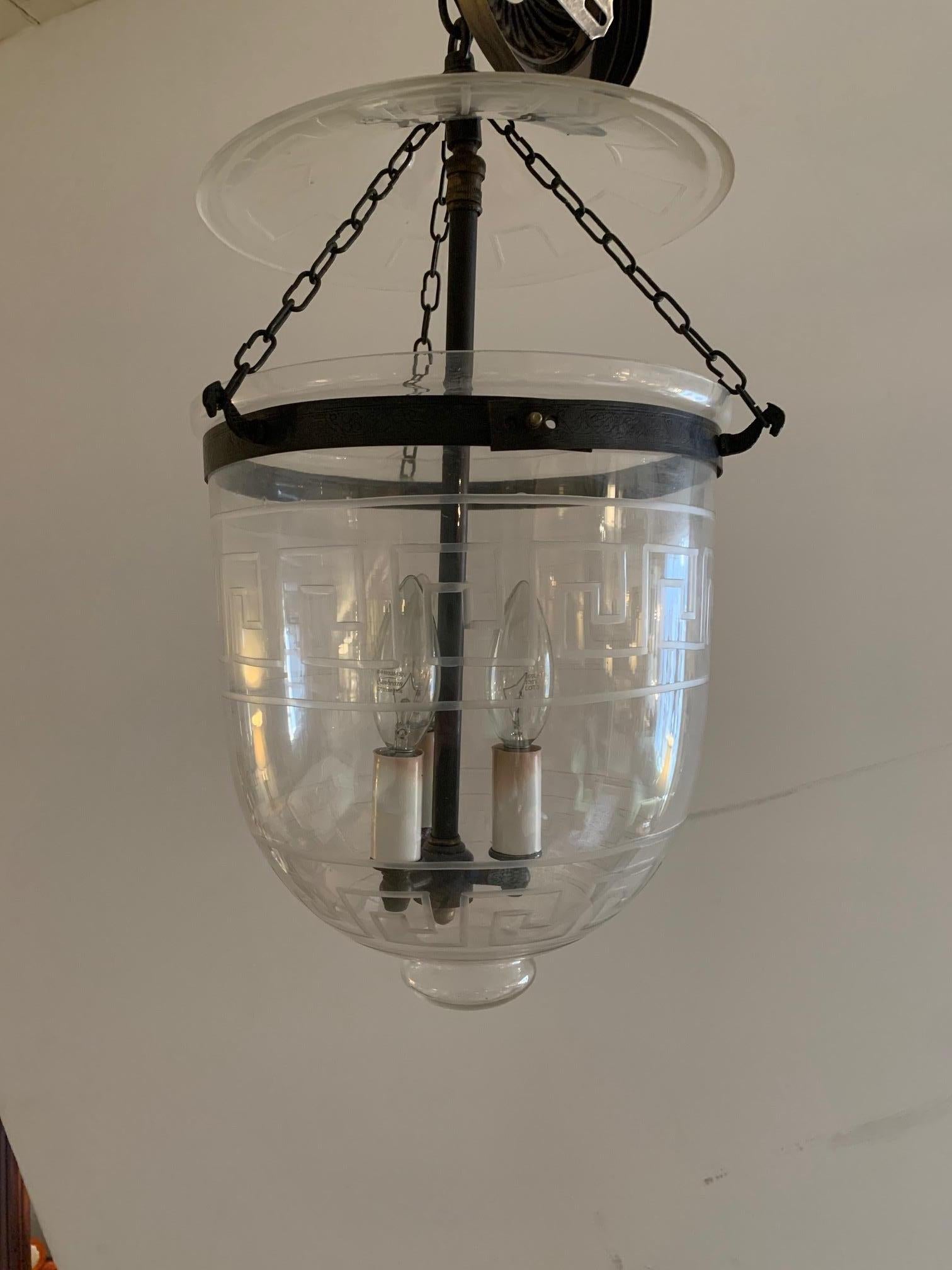 Neoclassical Handsome Medium Sized Lantern with Etched Greek Key Design
