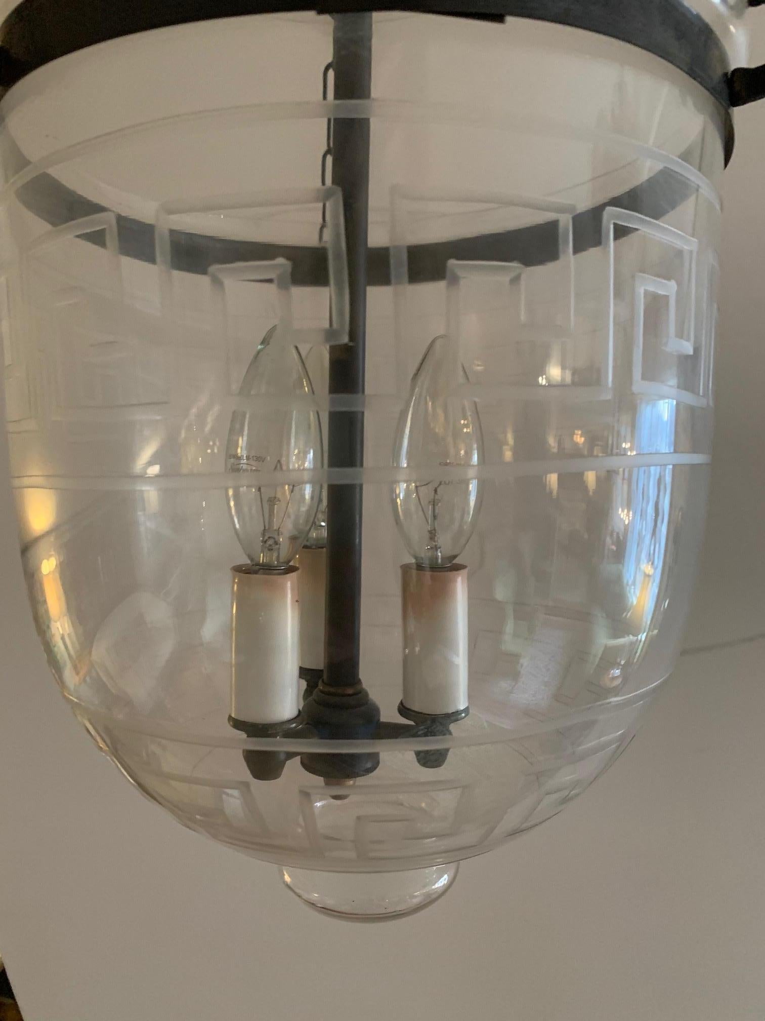 American Handsome Medium Sized Lantern with Etched Greek Key Design
