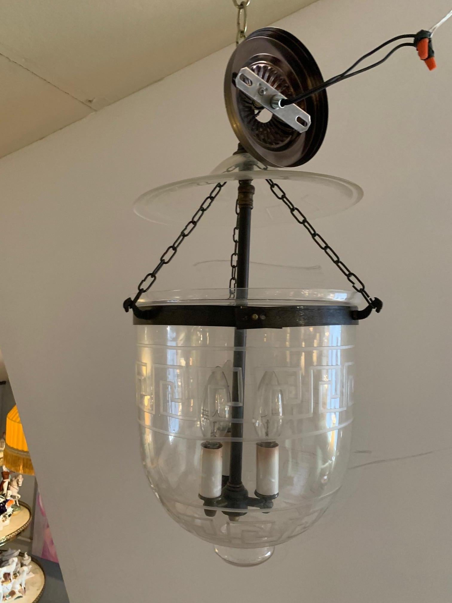 Handsome Medium Sized Lantern with Etched Greek Key Design In Good Condition In Hopewell, NJ
