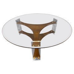 Handsome Mid-century Lucite Walnut Tri-Leg Round Glass Coffee Table Handsome Mid-century Lucite Walnut Tri-Leg Round Glass Coffee Table