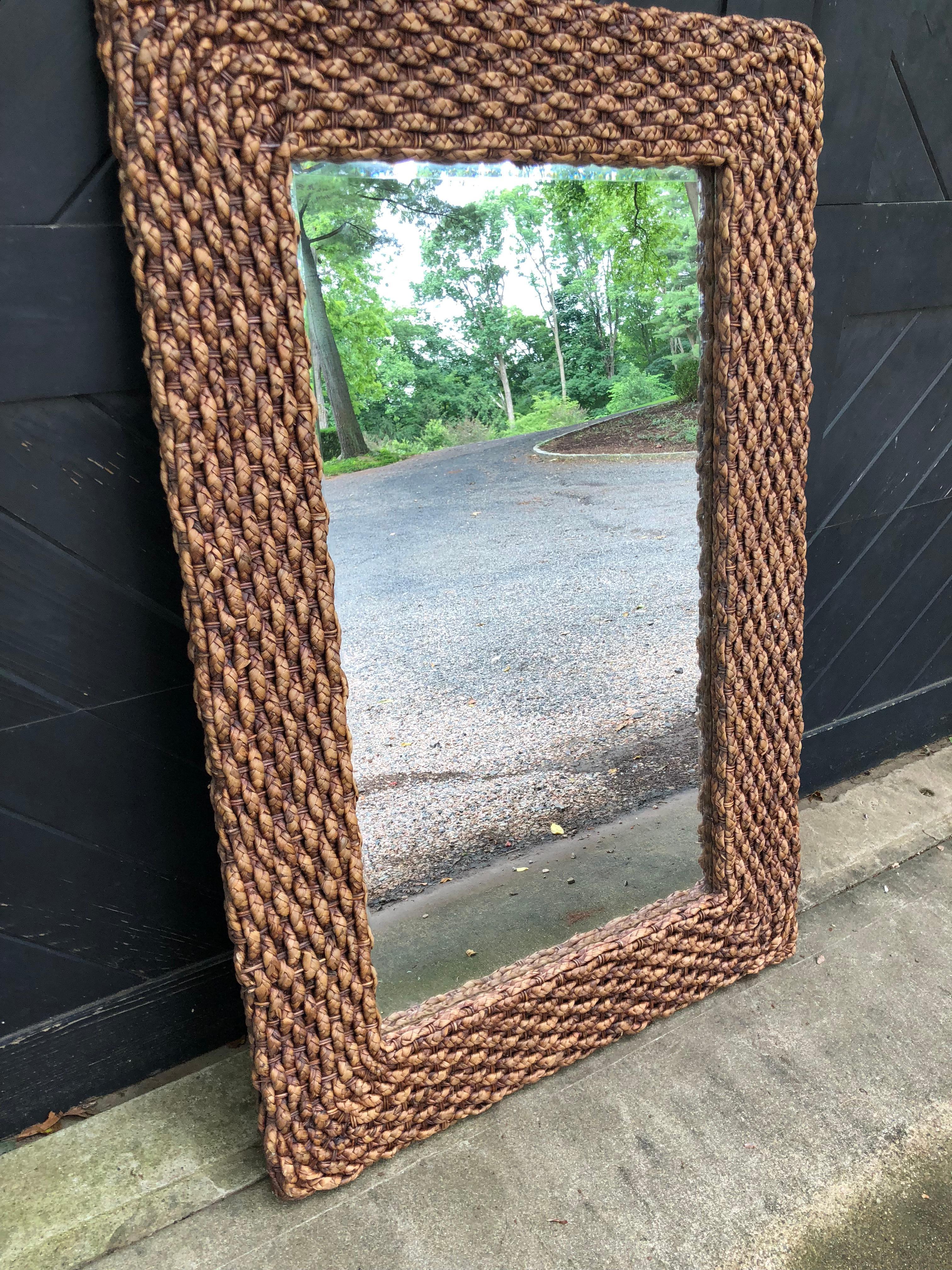 Handsome Mid-Century Modern Braided Rattan Mirror In Excellent Condition In Hopewell, NJ