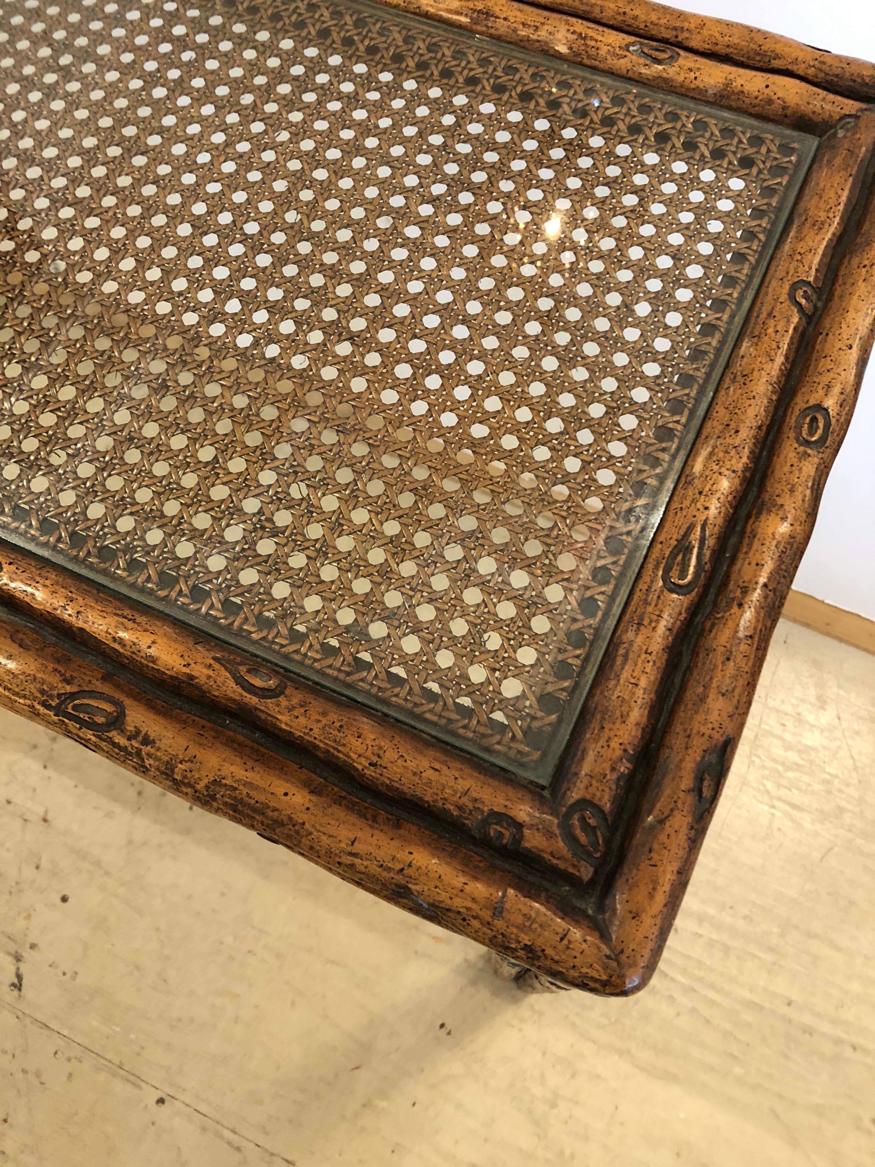 American Handsome Mid-Century Modern Faux Bois and Caned Console Table