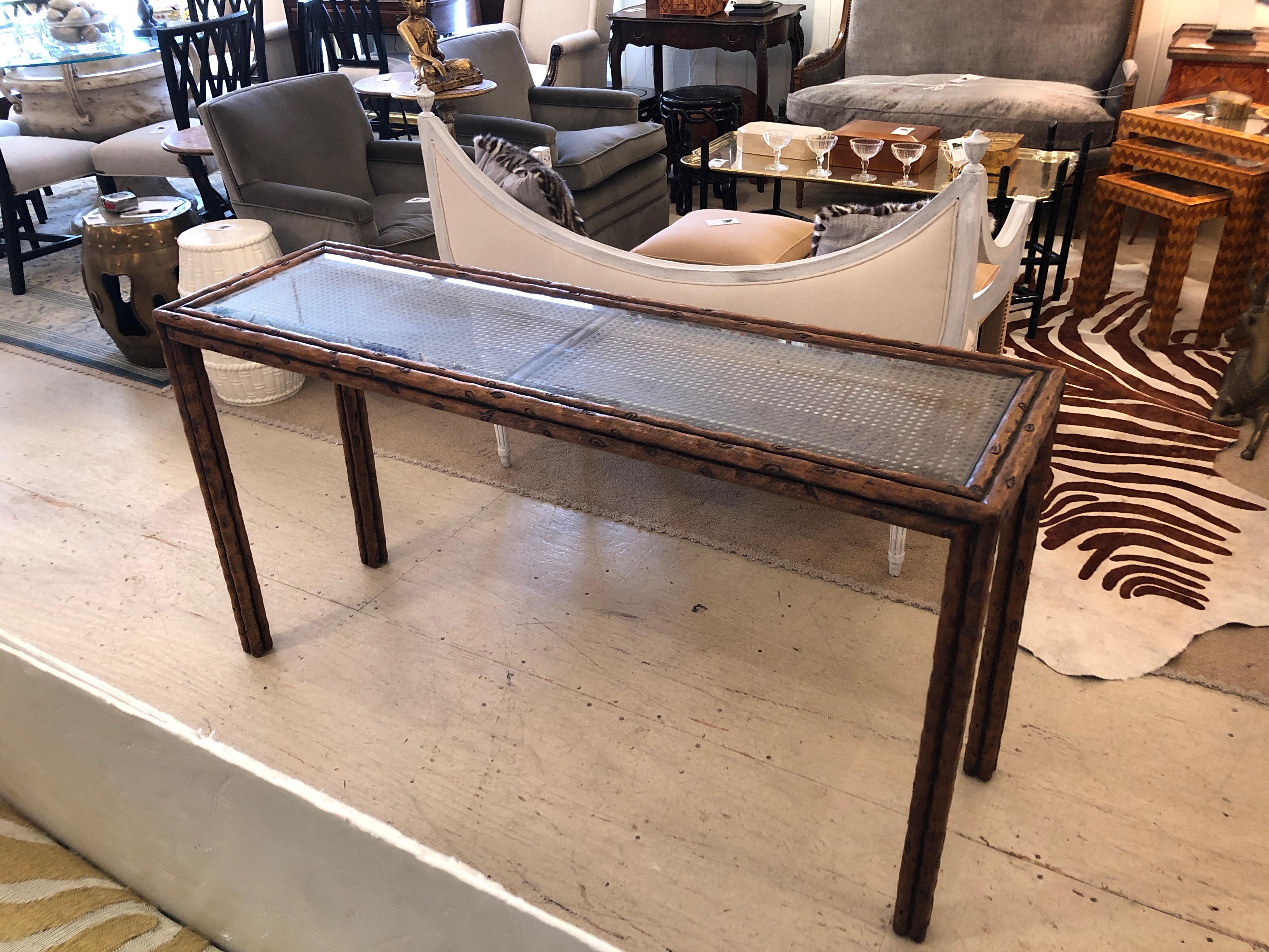 Handsome Mid-Century Modern Faux Bois and Caned Console Table In Excellent Condition In Hopewell, NJ