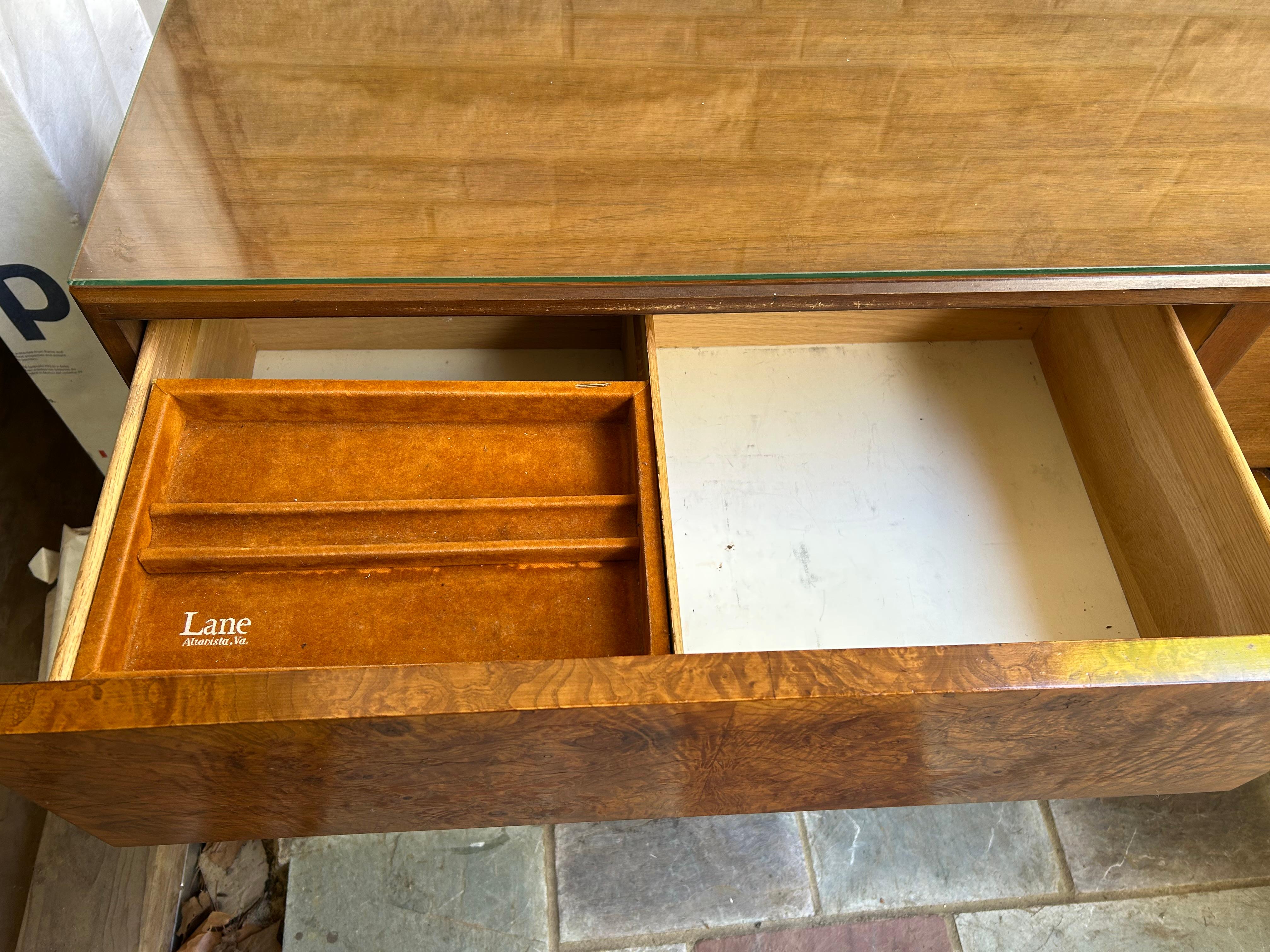 Late 20th Century Handsome Milo Baughman Style Burl Wood Long Dresser Credenza Lane Mid-Century For Sale