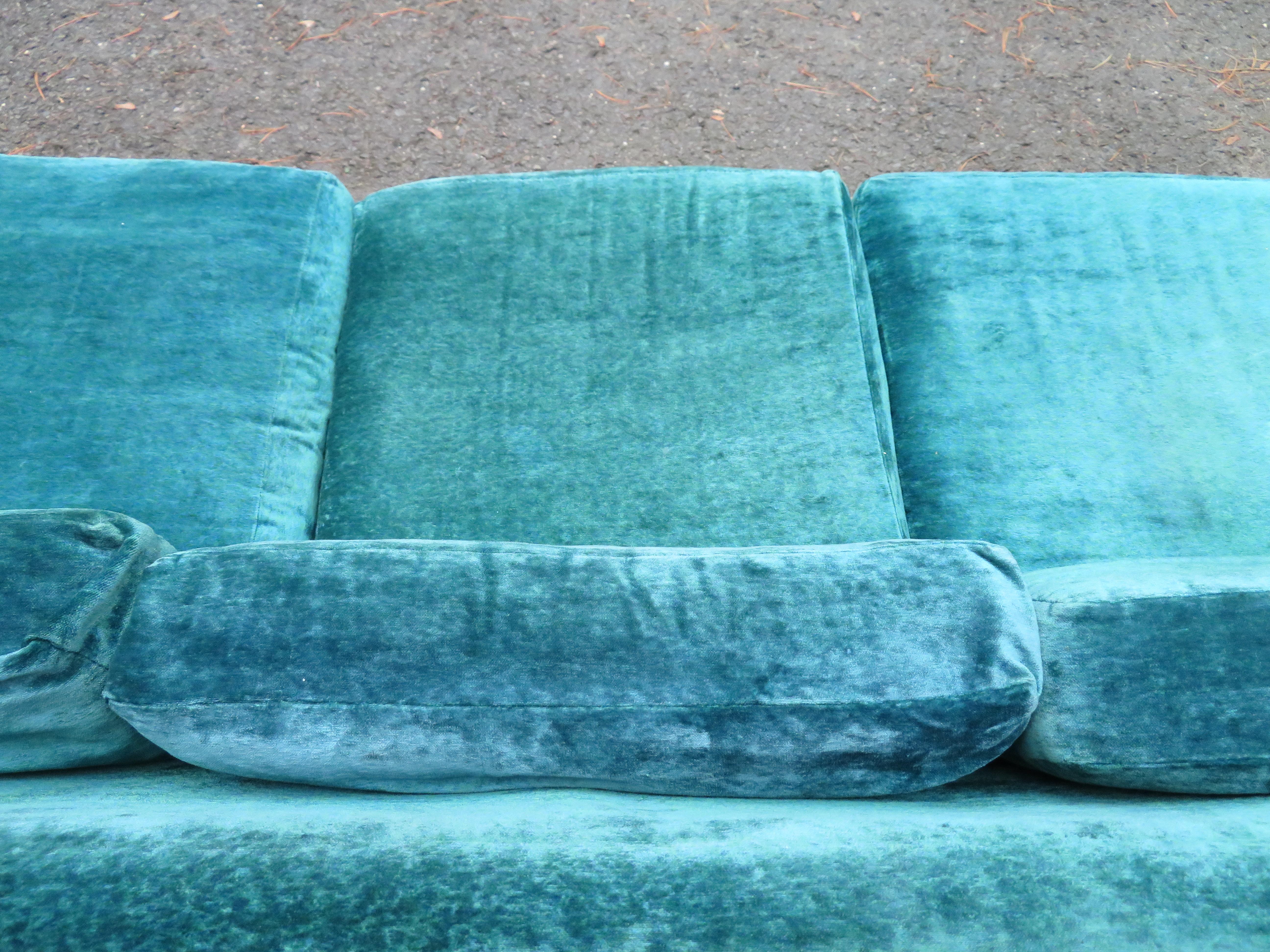 Handsome Milo Baughman Style Plinth Base Velvet Sofa Mid-Century Modern For Sale 1