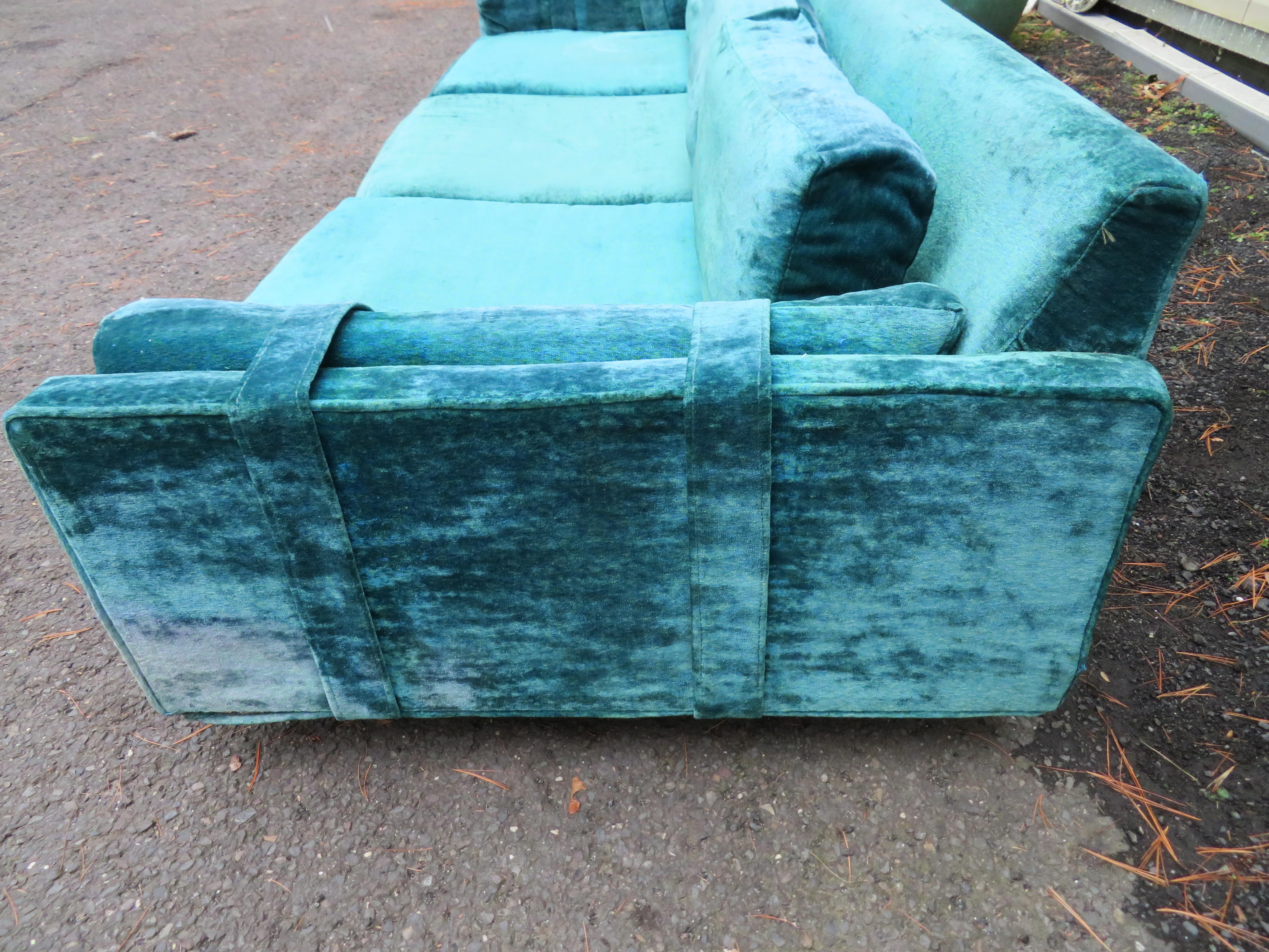 Handsome Milo Baughman Style Plinth Base Velvet Sofa Mid-Century Modern For Sale 3