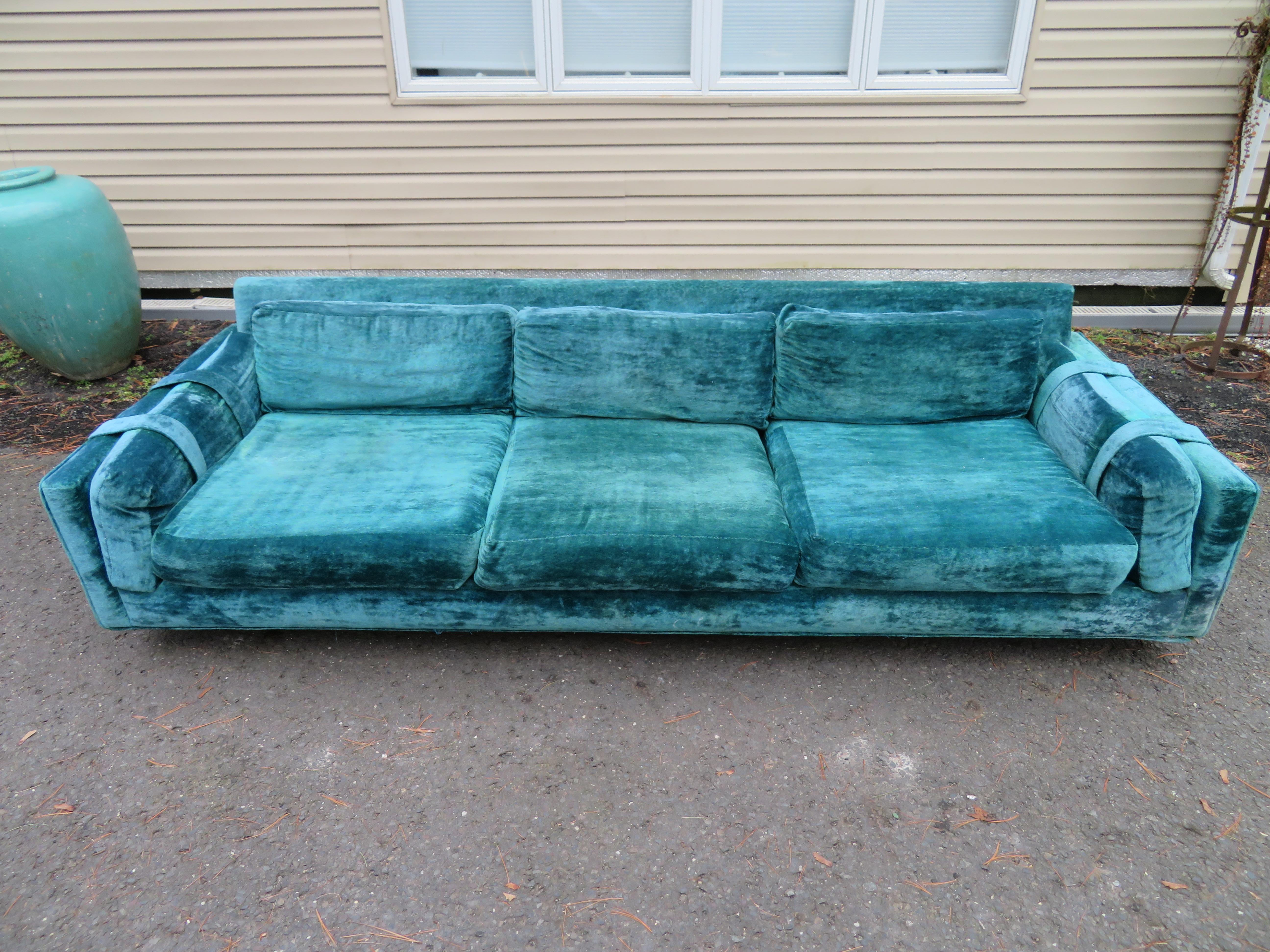 Handsome Milo Baughman Style Plinth Base Velvet Sofa Mid-Century Modern For Sale 4