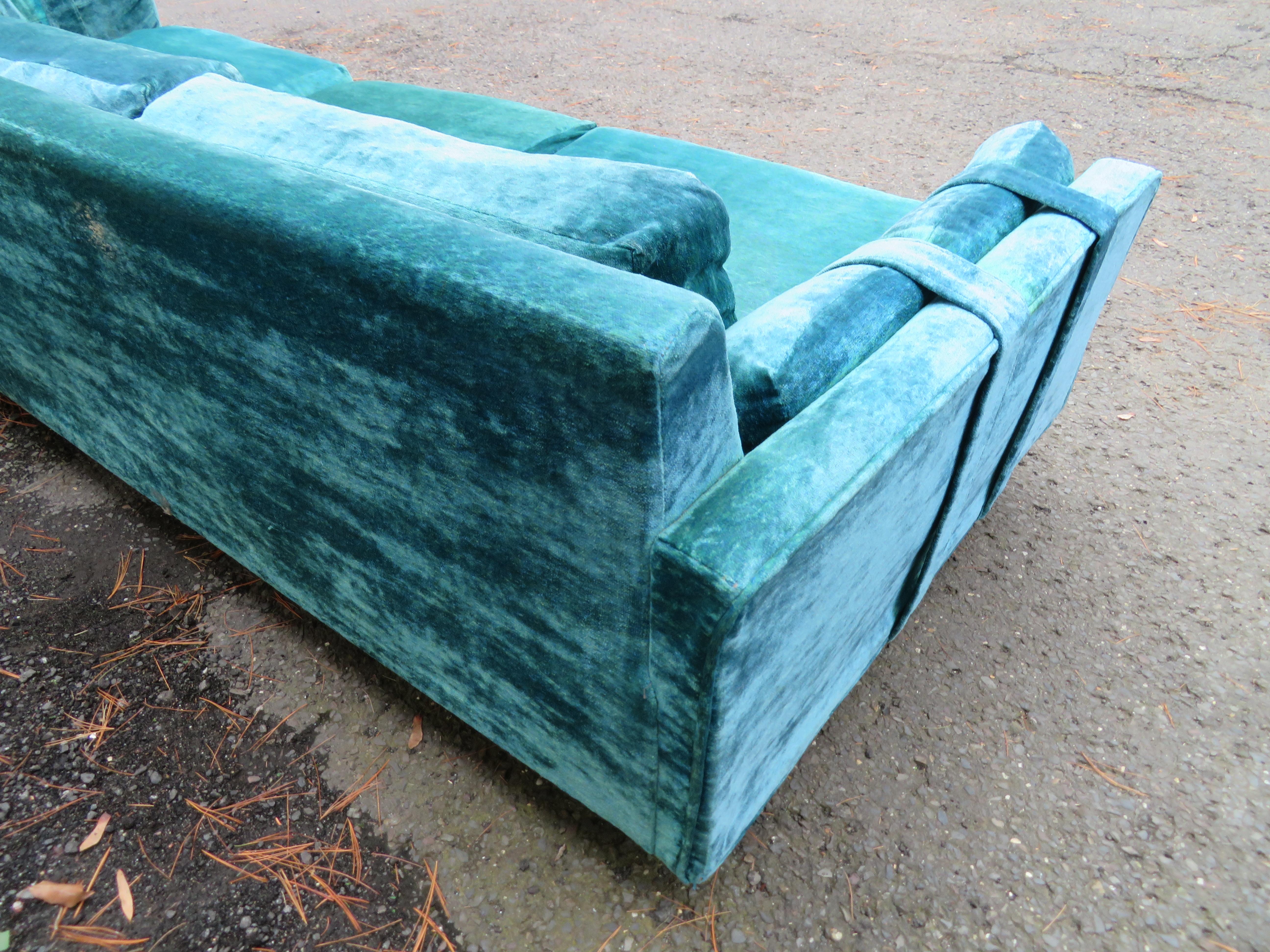 American Handsome Milo Baughman Style Plinth Base Velvet Sofa Mid-Century Modern For Sale