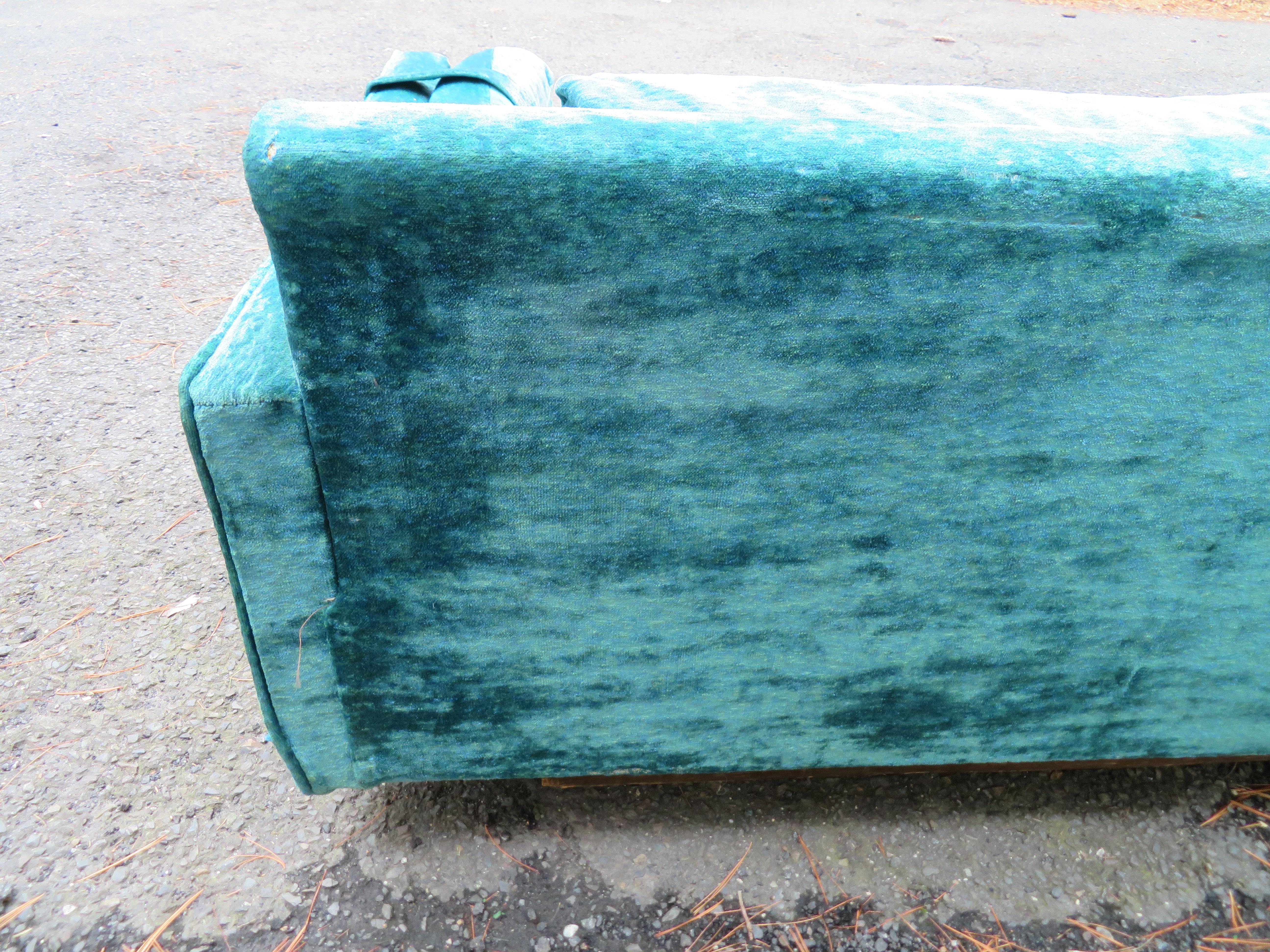 Handsome Milo Baughman Style Plinth Base Velvet Sofa Mid-Century Modern In Good Condition For Sale In Pemberton, NJ