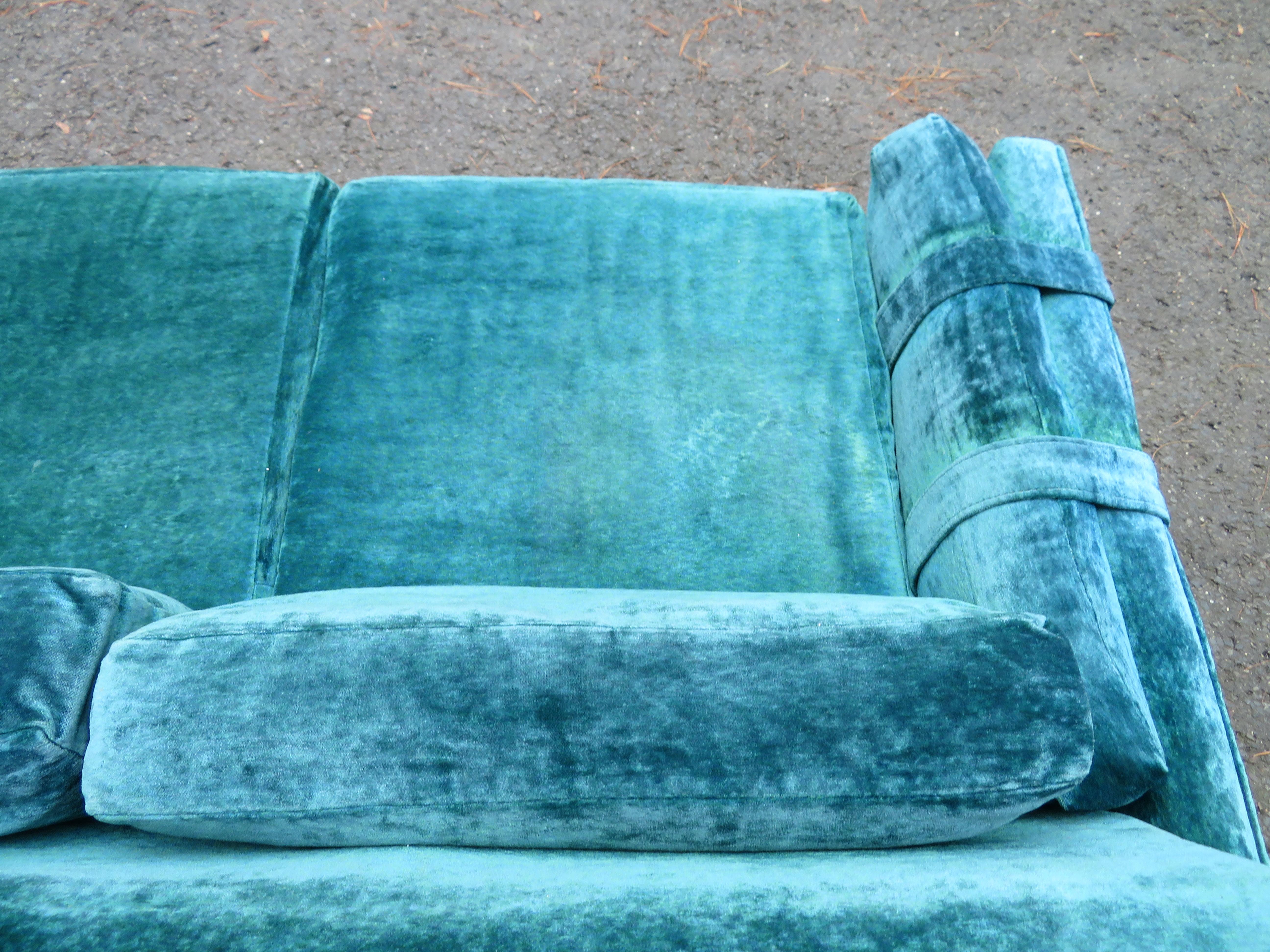 Upholstery Handsome Milo Baughman Style Plinth Base Velvet Sofa Mid-Century Modern For Sale