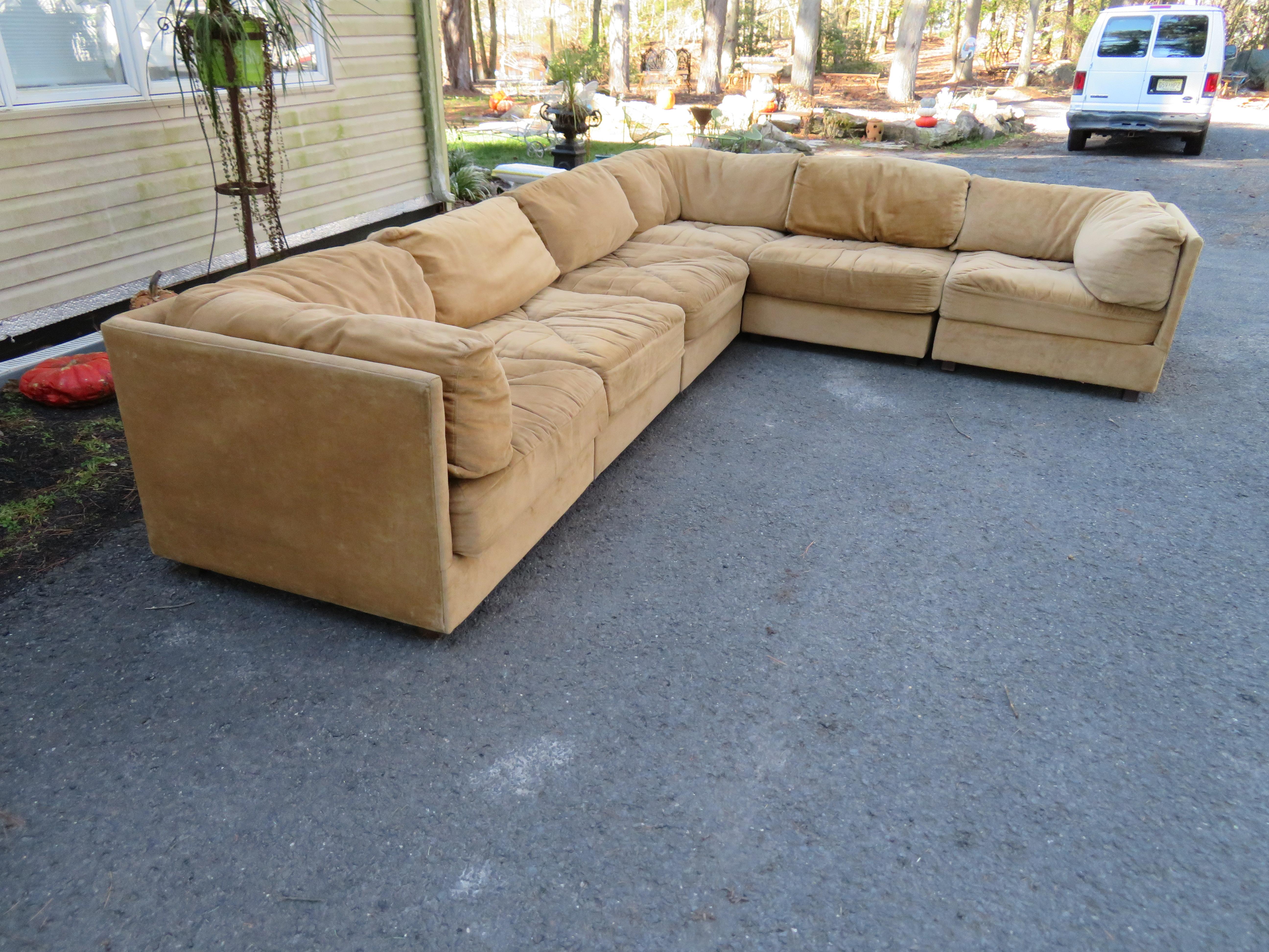 Handsome Milo Baughman style 6-piece sectional sofa by Selig. This sectional retains it's original tan velvet fabric in usable clean condition but as with all vintage sofas we do recommend re-upholstery. We love these vintage modular cube sofas for
