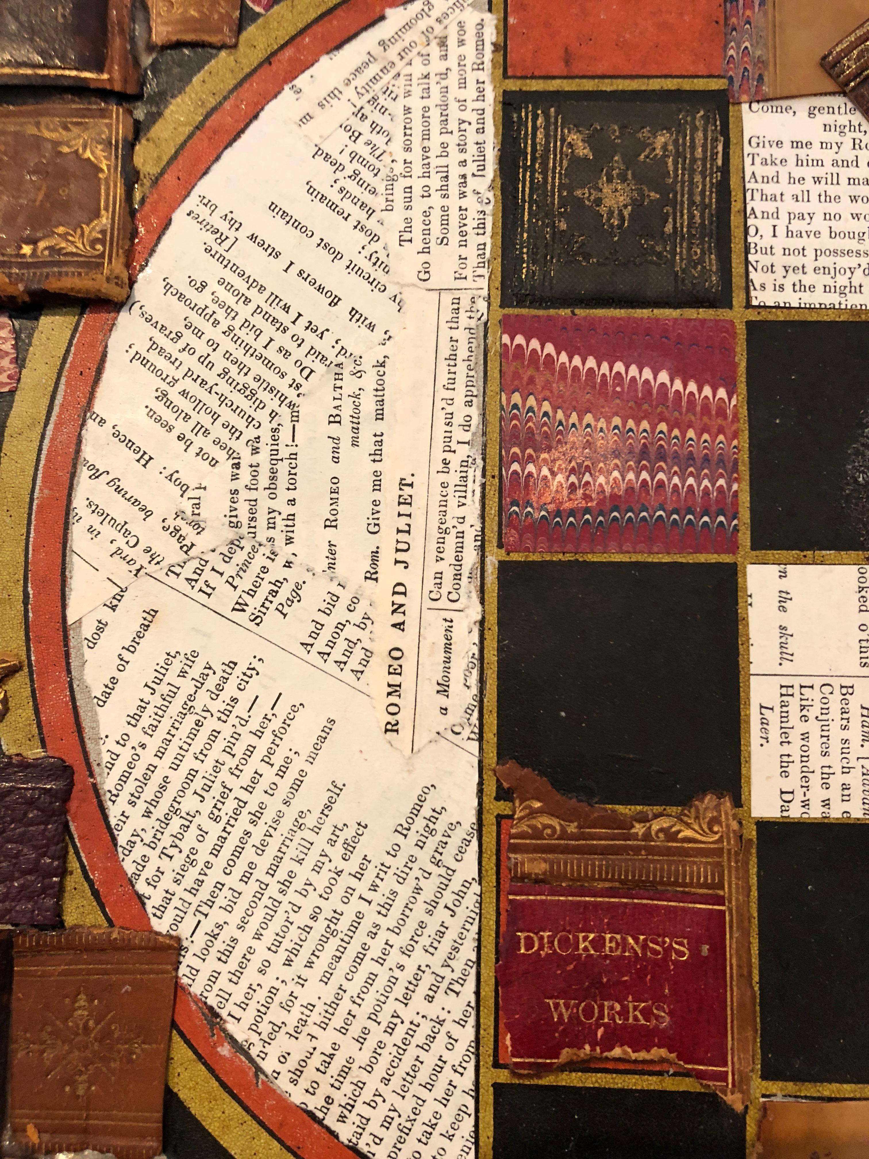 Richly layered collage on a vintage tin game board having a masculine combination of leather book bindings, text from Shakespeare plays, and decorative paper, with a warm earth color palette of black, cream, orange, brown and maroon.
By Princeton
