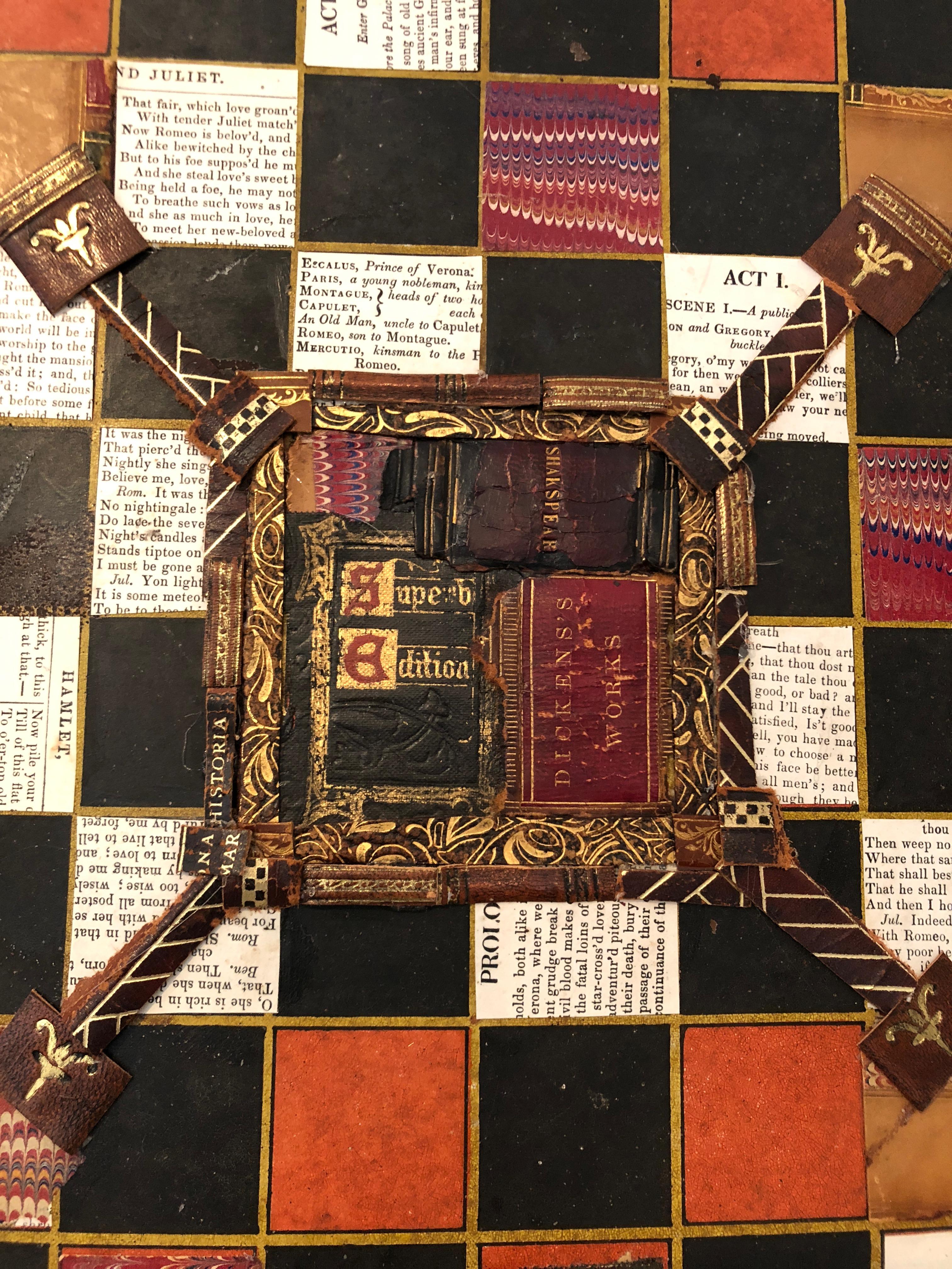 American Handsome Mixed-Media Collage with Leather Books on Vintage Game Board For Sale