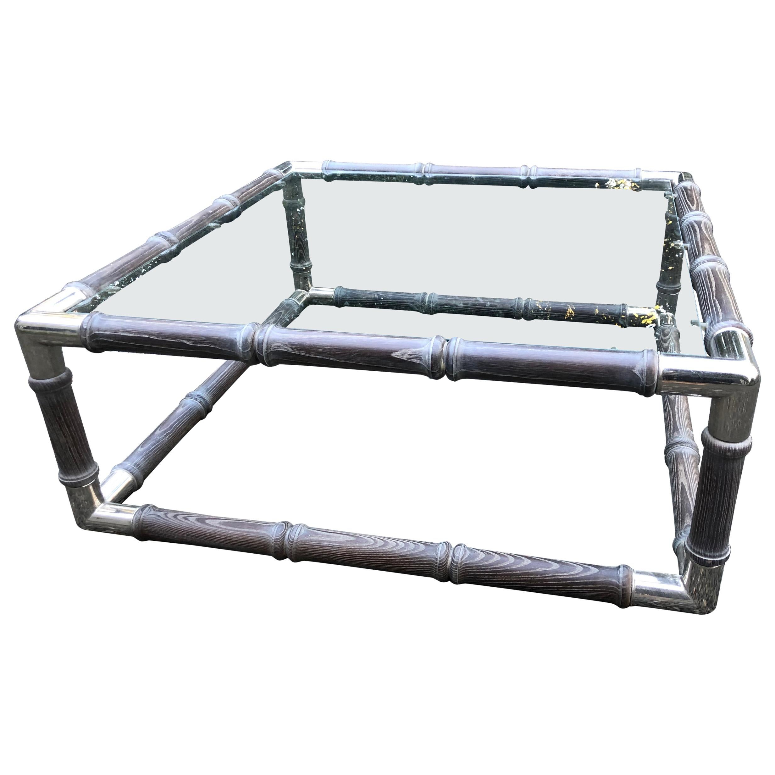 Magnifique table basse moderne en chêne cérusé:: nickel et verre en vente