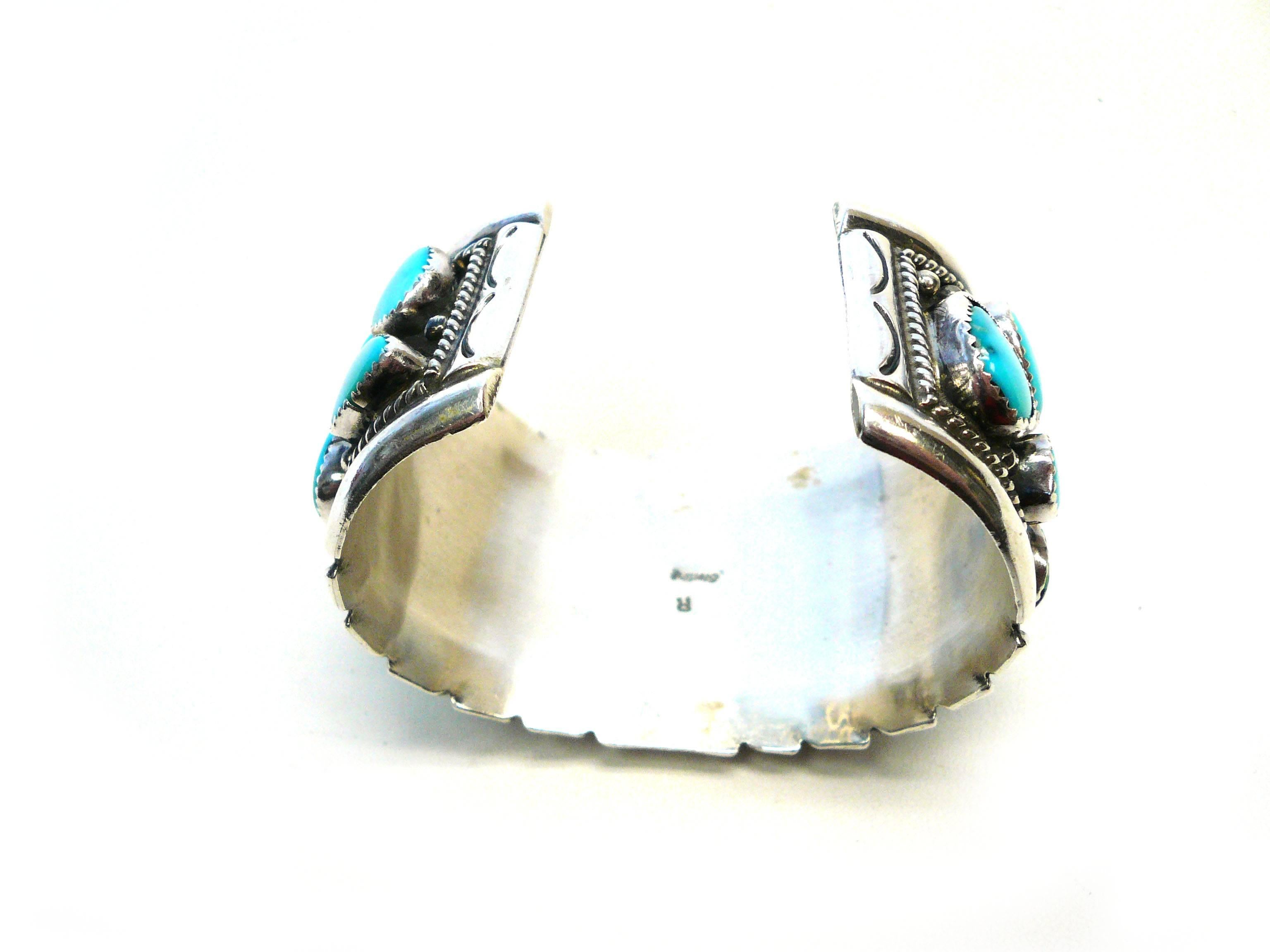 Handsome Native American Turquoise Sterling Cuff Bracelet In Good Condition In BLOOMINGTON,, MN