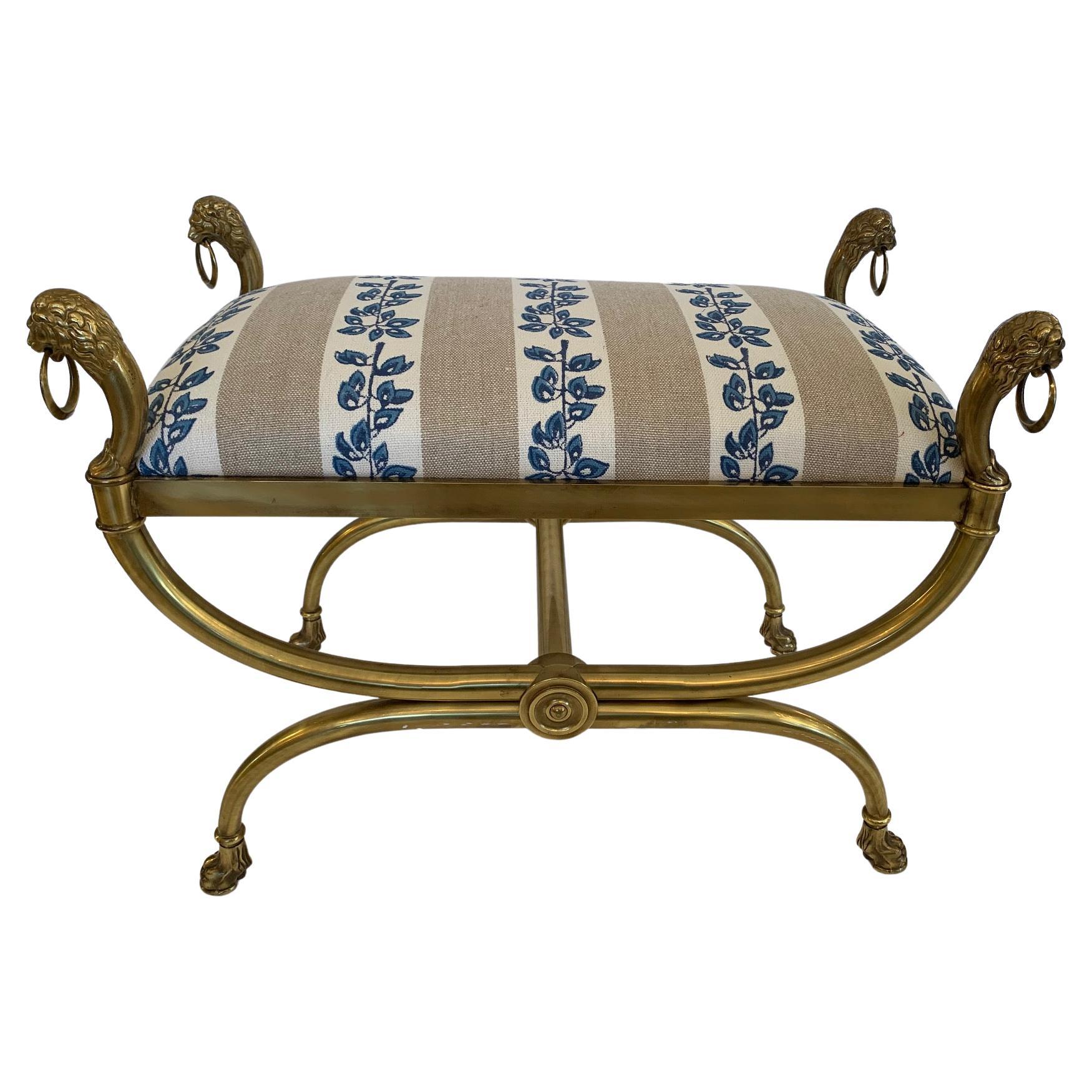 Handsome Neoclassical Style Brass Bench with New Upholstery