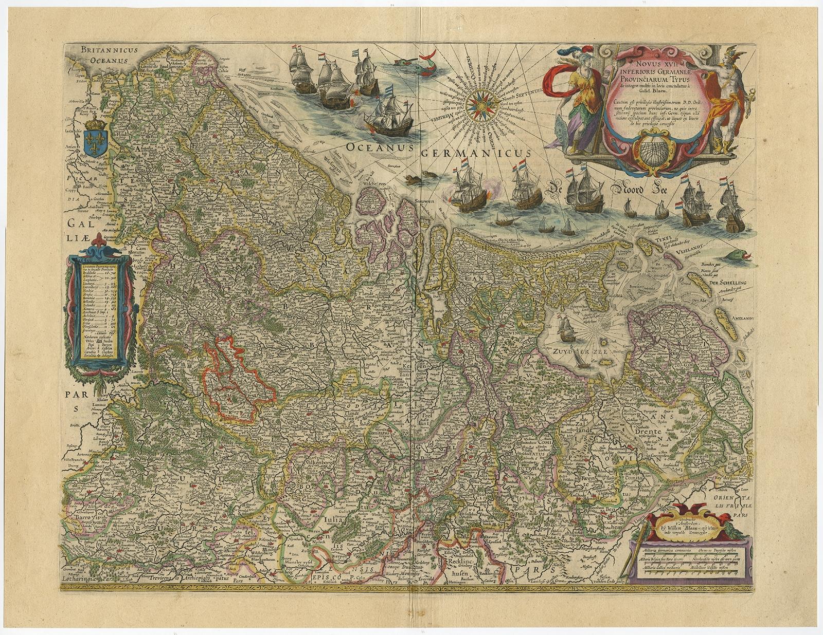 Antique map titled 'Novus XVII Inferioris Germaniae Provinciarum Typus'. 

Handsome - and much sought after-  detailed map of the Low Countries by the world most famous map maker Blaeu. With beautiful cartouches, coat of arms, compass rose, scale