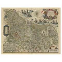 Belle carte ancienne détaillée des Pays-Bas du Bas par le célèbre ébéniste Blaeu, vers 1635