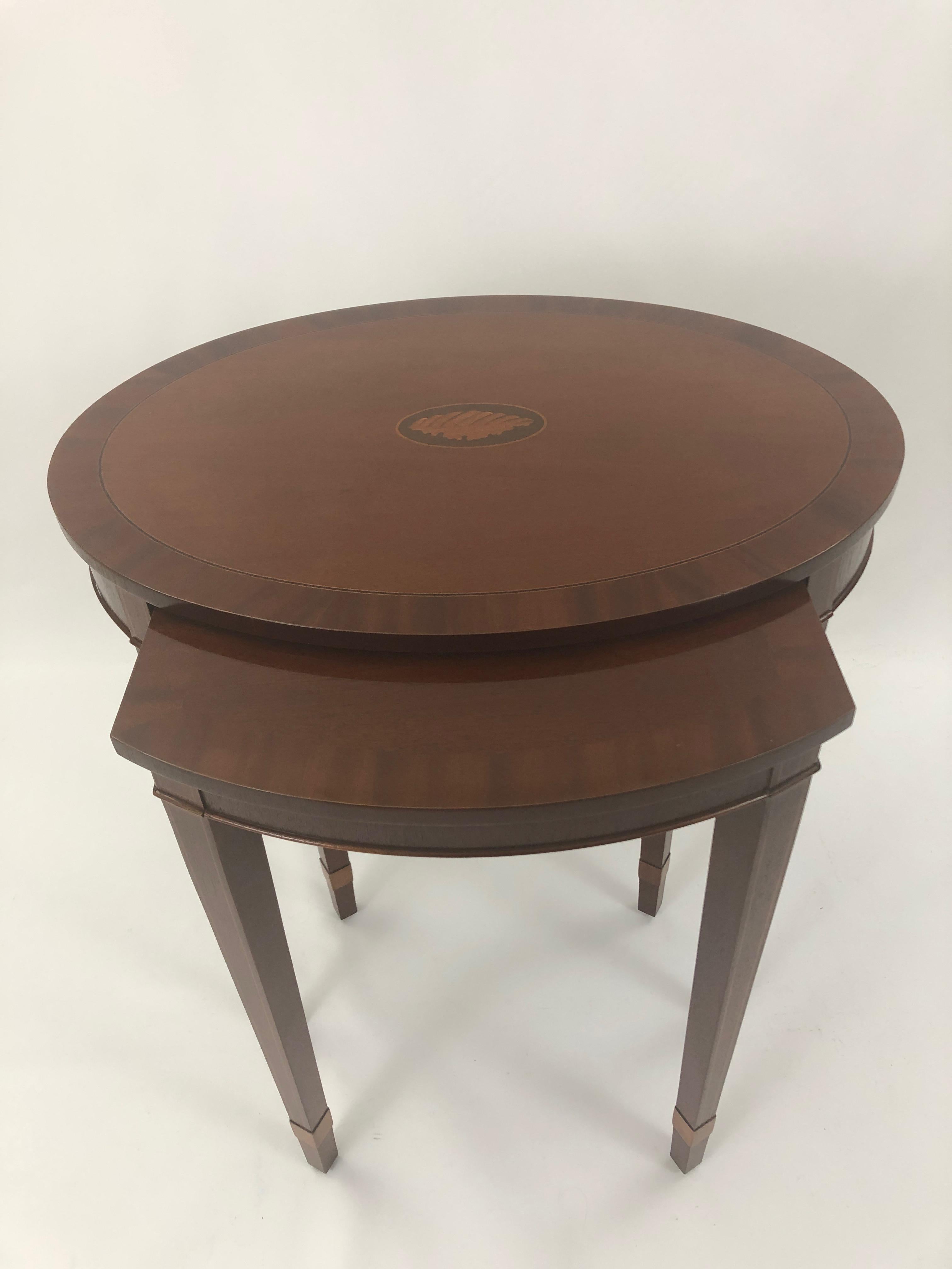 Handsome Oval Mixed Wood Inlaid Nesting Tables by Baker For Sale 3