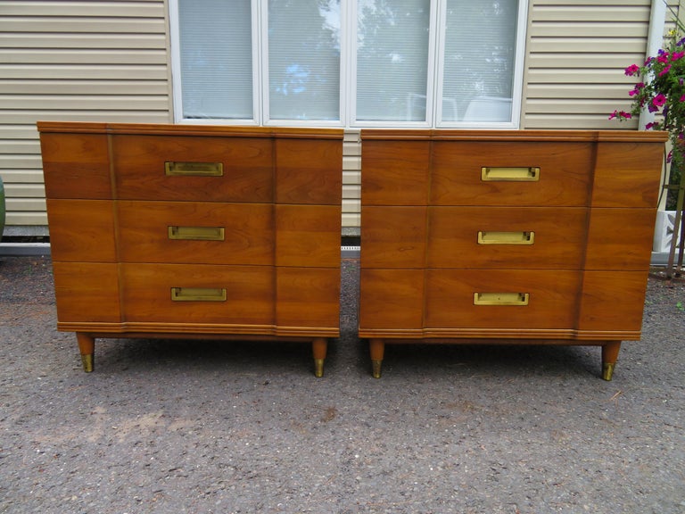 Handsome pair of John Widdicomb Asain style bachelors chests. These are fine examples of the level of craftsmanship and the standards of the John Widdicomb Furniture Company. These pieces are made of solid wood, using dovetail, and dado joinery. The