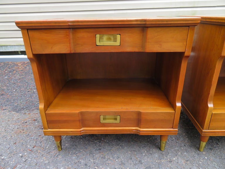 Handsome pair of John Widdicomb Asian-style nightstands/end tables. We love that the backs are also finished allowing them to be used in the living room as end tables. They measure 25