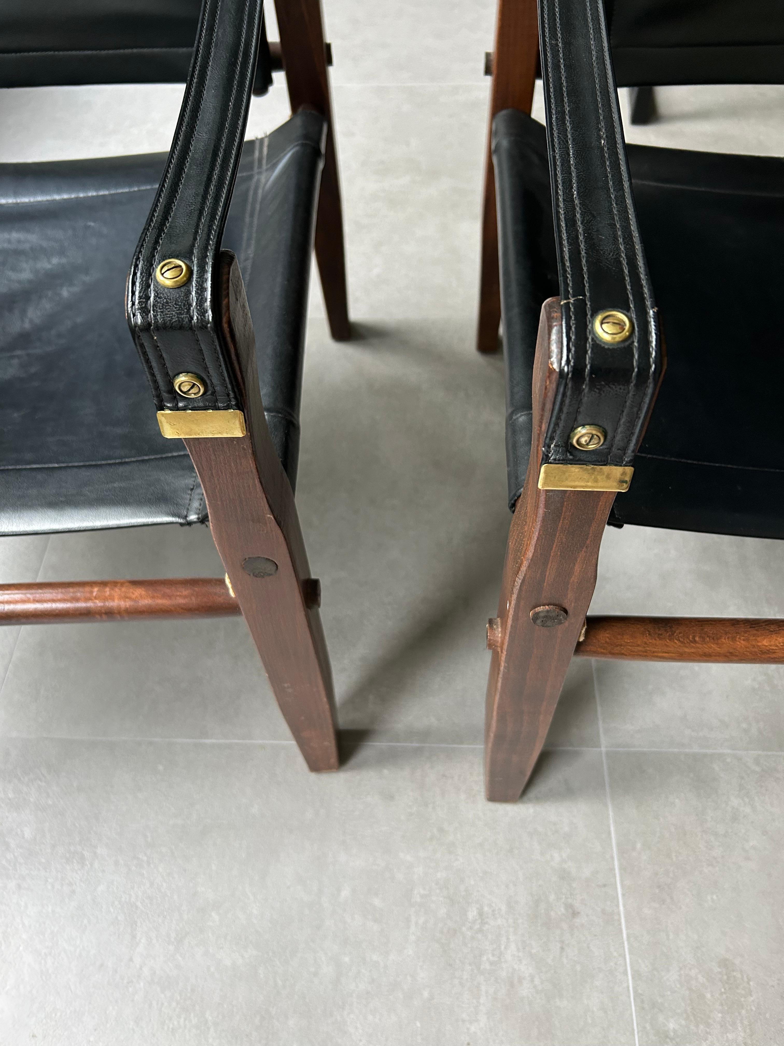 Handsome Pair Black Leather & Mahogany Gold Medal Safari Style Campaign Chairs 9