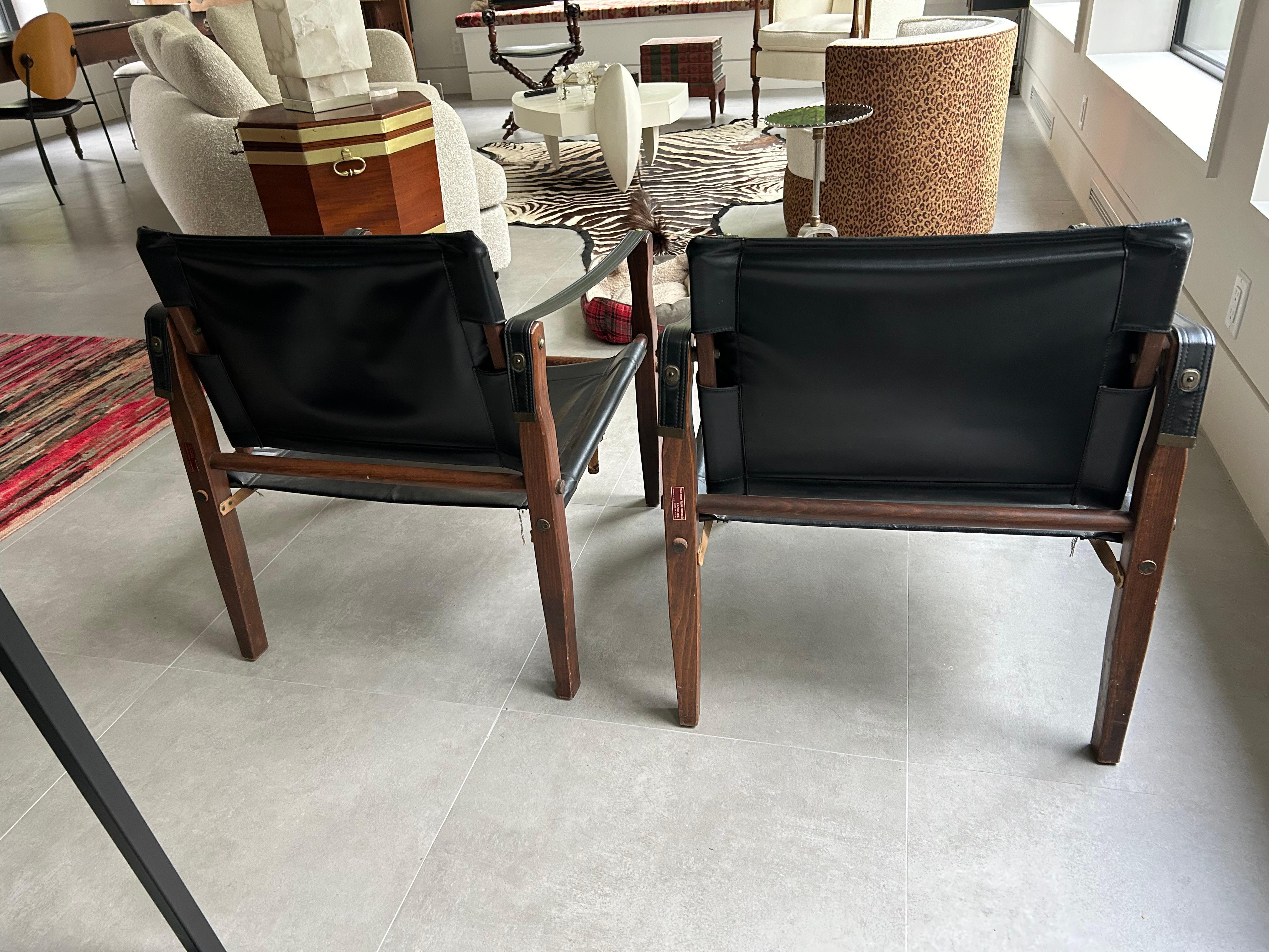 American Handsome Pair Black Leather & Mahogany Gold Medal Safari Style Campaign Chairs