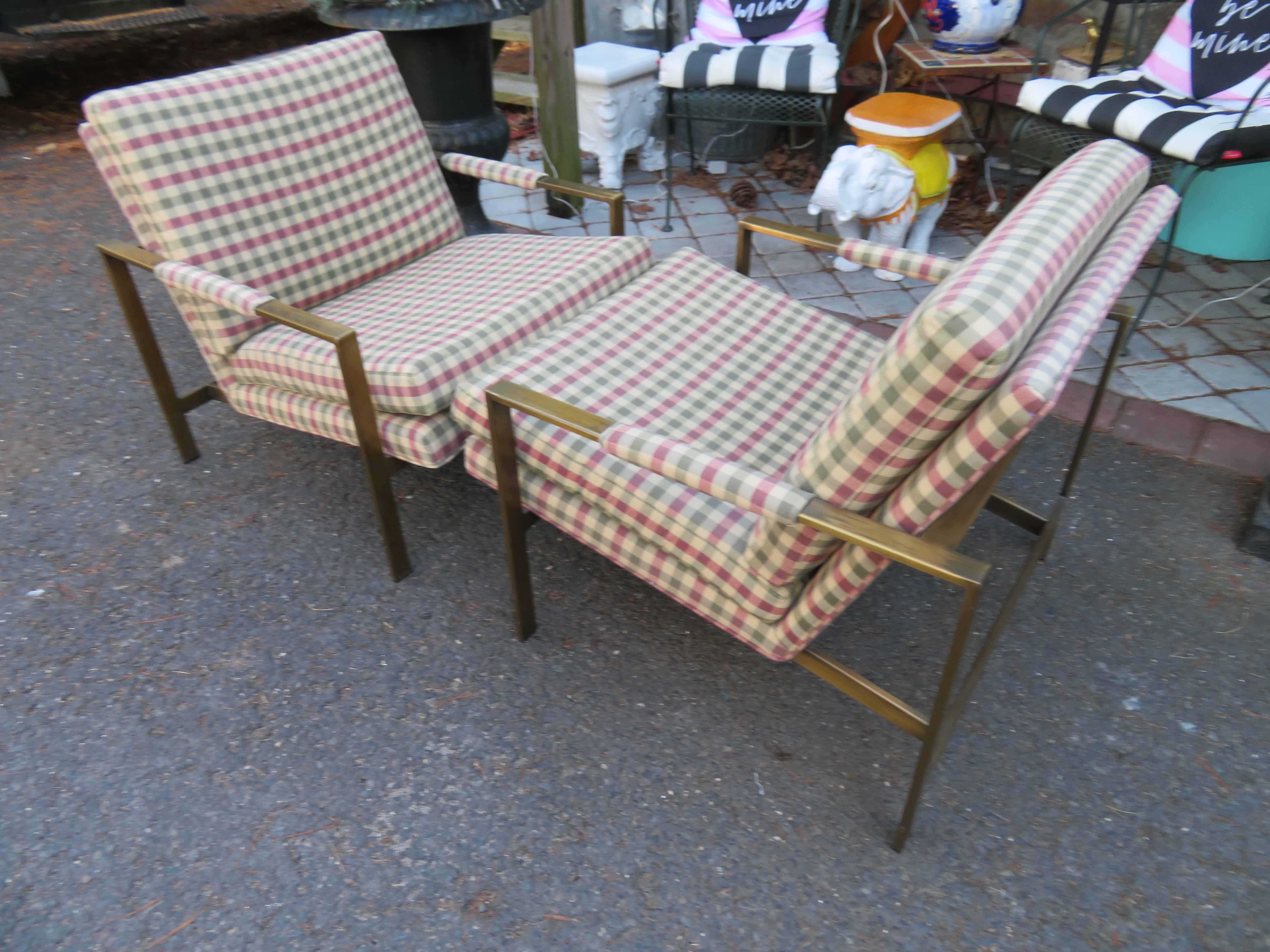 Handsome Pair Brass Milo Baughman Cube Lounge Chairs Mid-Century Modern For Sale 9