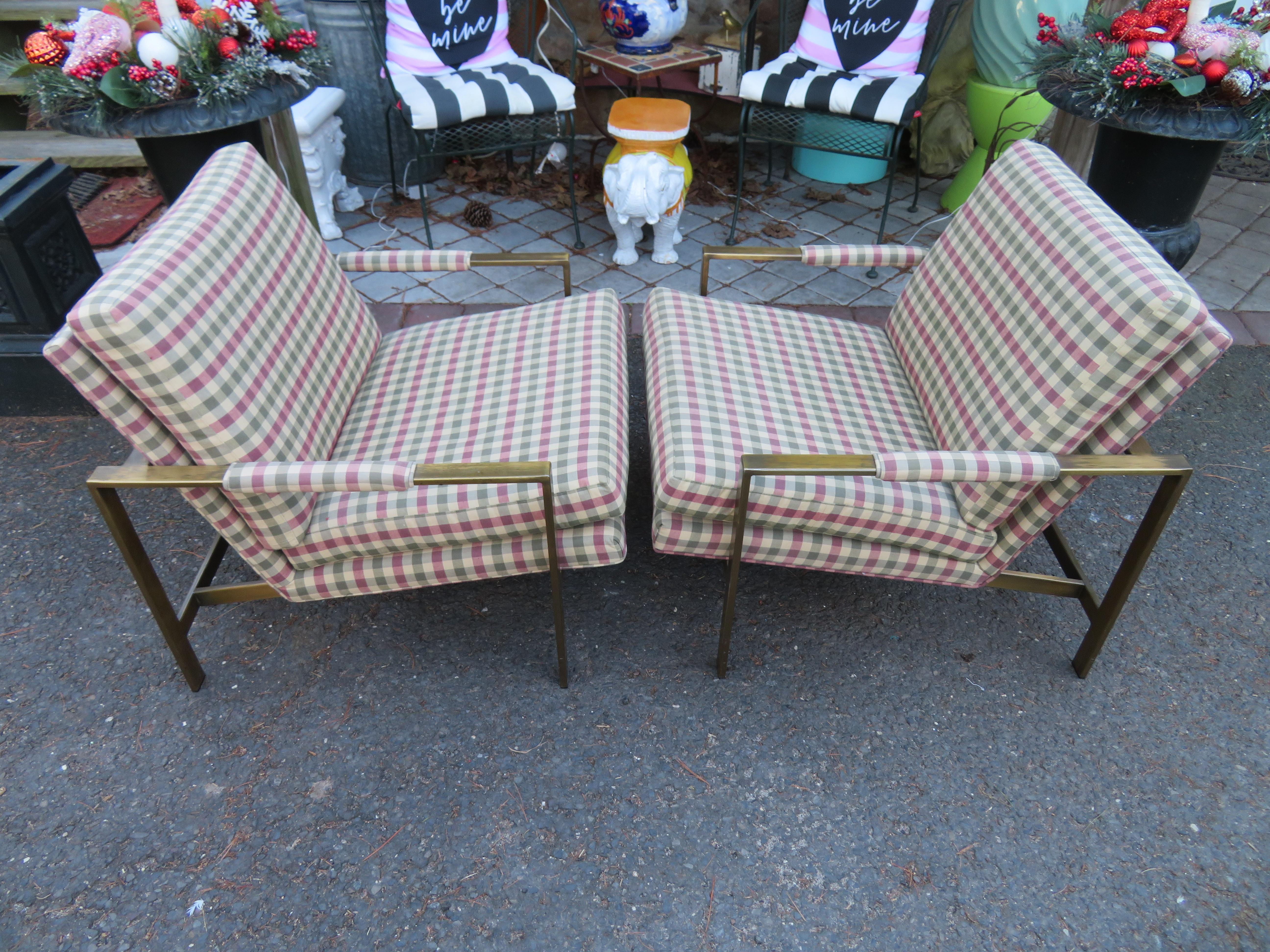 Handsome Pair Brass Milo Baughman Cube Lounge Chairs Mid-Century Modern For Sale 13