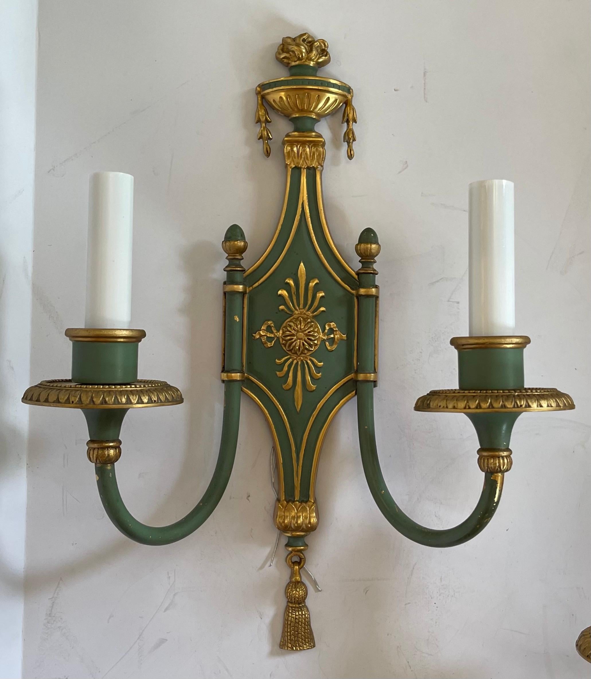 Neoclassical Handsome Pair Caldwell Adams Regency Urn Top Green Gold Gilt Two-Light Sconces