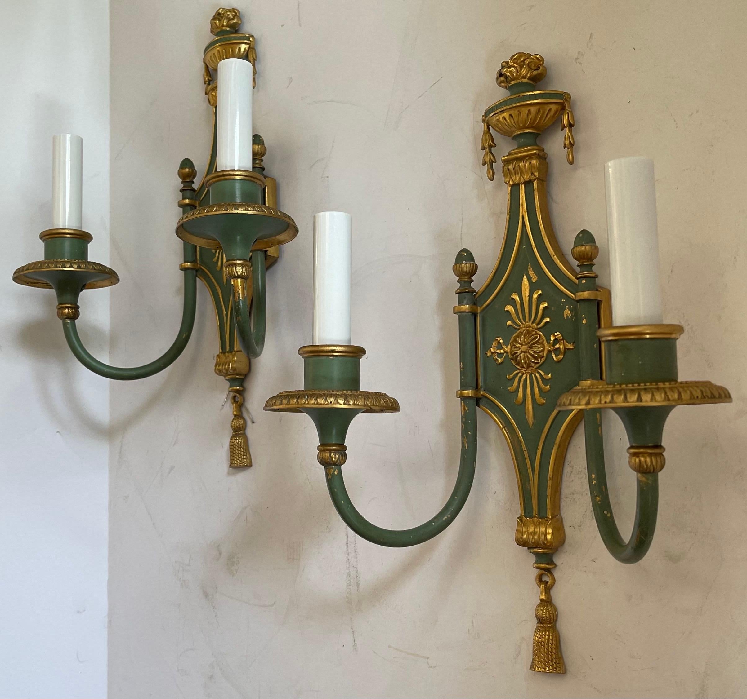20th Century Handsome Pair Caldwell Adams Regency Urn Top Green Gold Gilt Two-Light Sconces