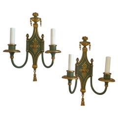 Handsome Pair Caldwell Adams Regency Urn Top Green Gold Gilt Two-Light Sconces