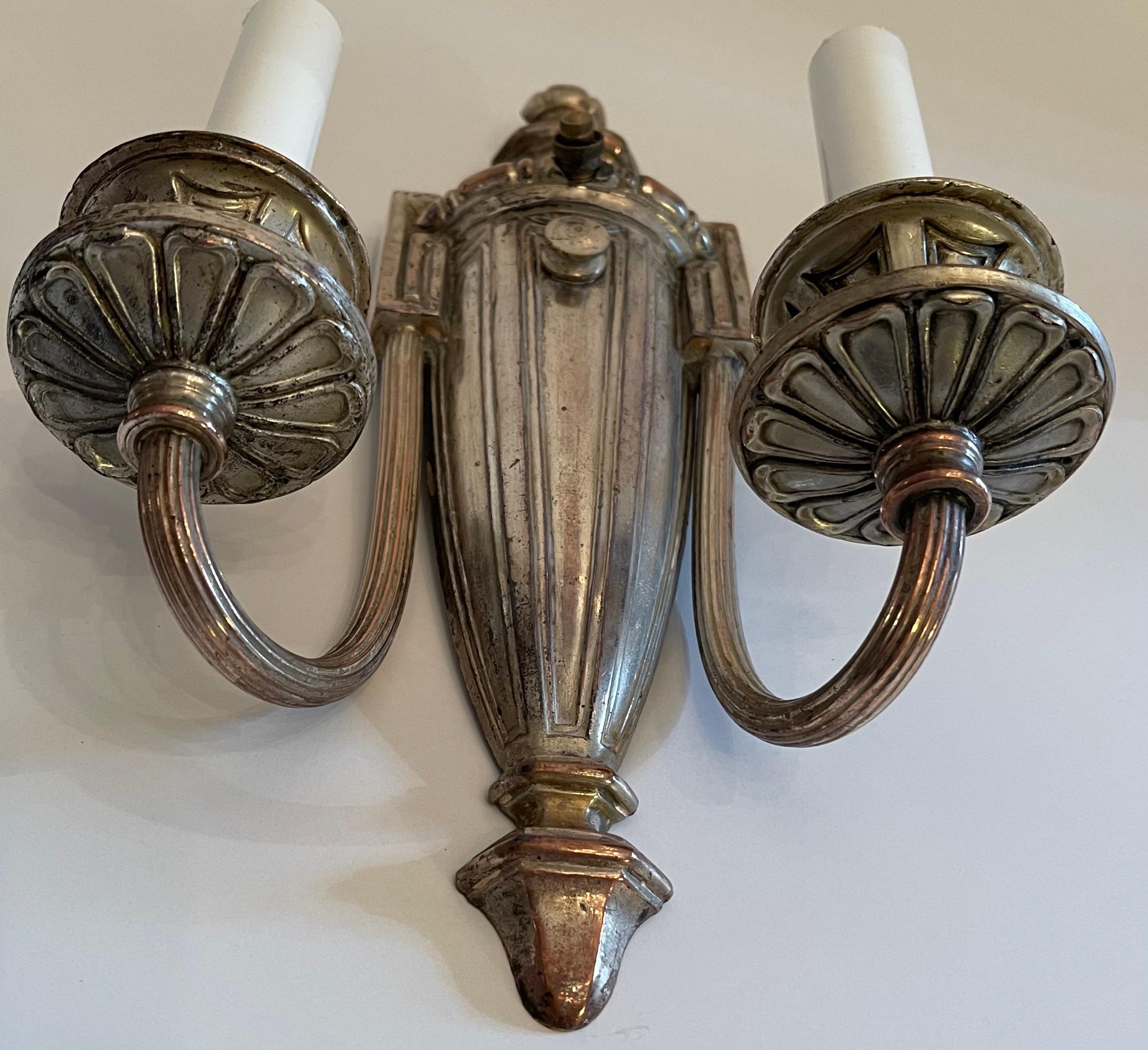 20th Century Handsome Pair of Caldwell Silvered Bronze Adams Regency Urn Two-Light Sconces For Sale