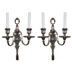 Magnifique paire d'appliques Caldwell Regency à 2 bras en bronze argenté et nickel avec glands