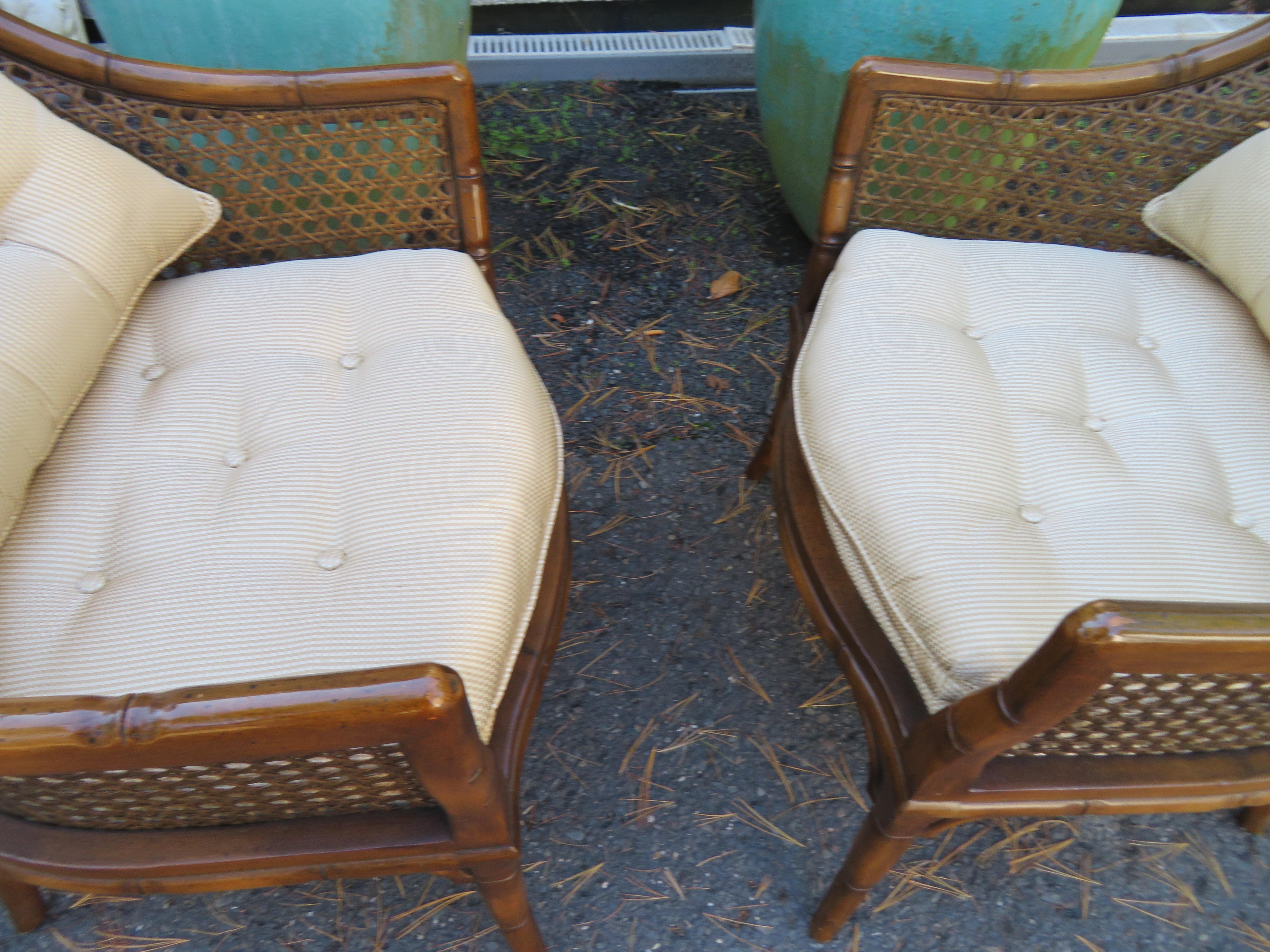 Handsome Pair French Country Walnut Faux Bamboo Caned Club Accent Chairs For Sale 7