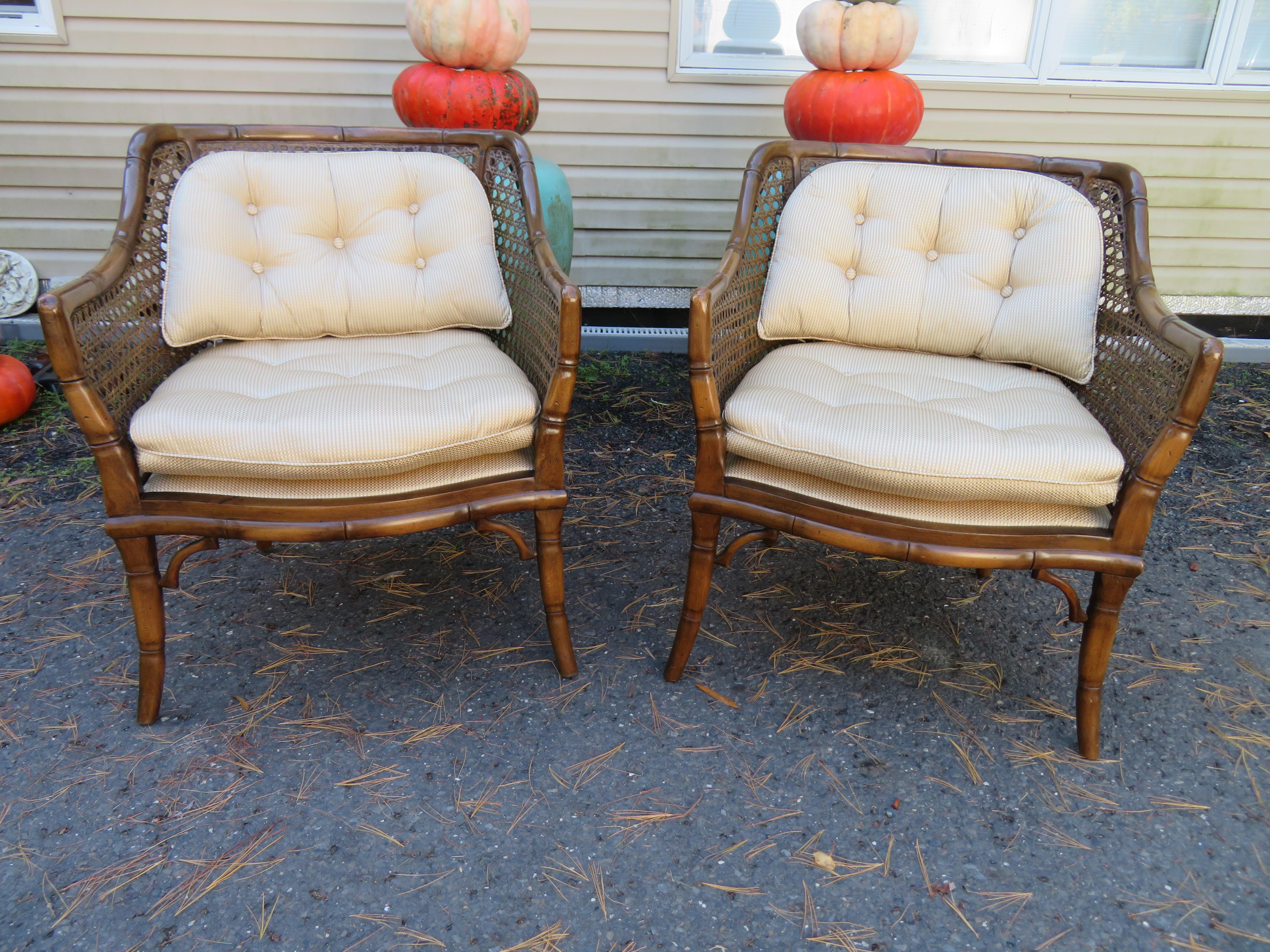 Handsome Pair French Country Walnut Faux Bamboo Caned Club Accent Chairs For Sale 11