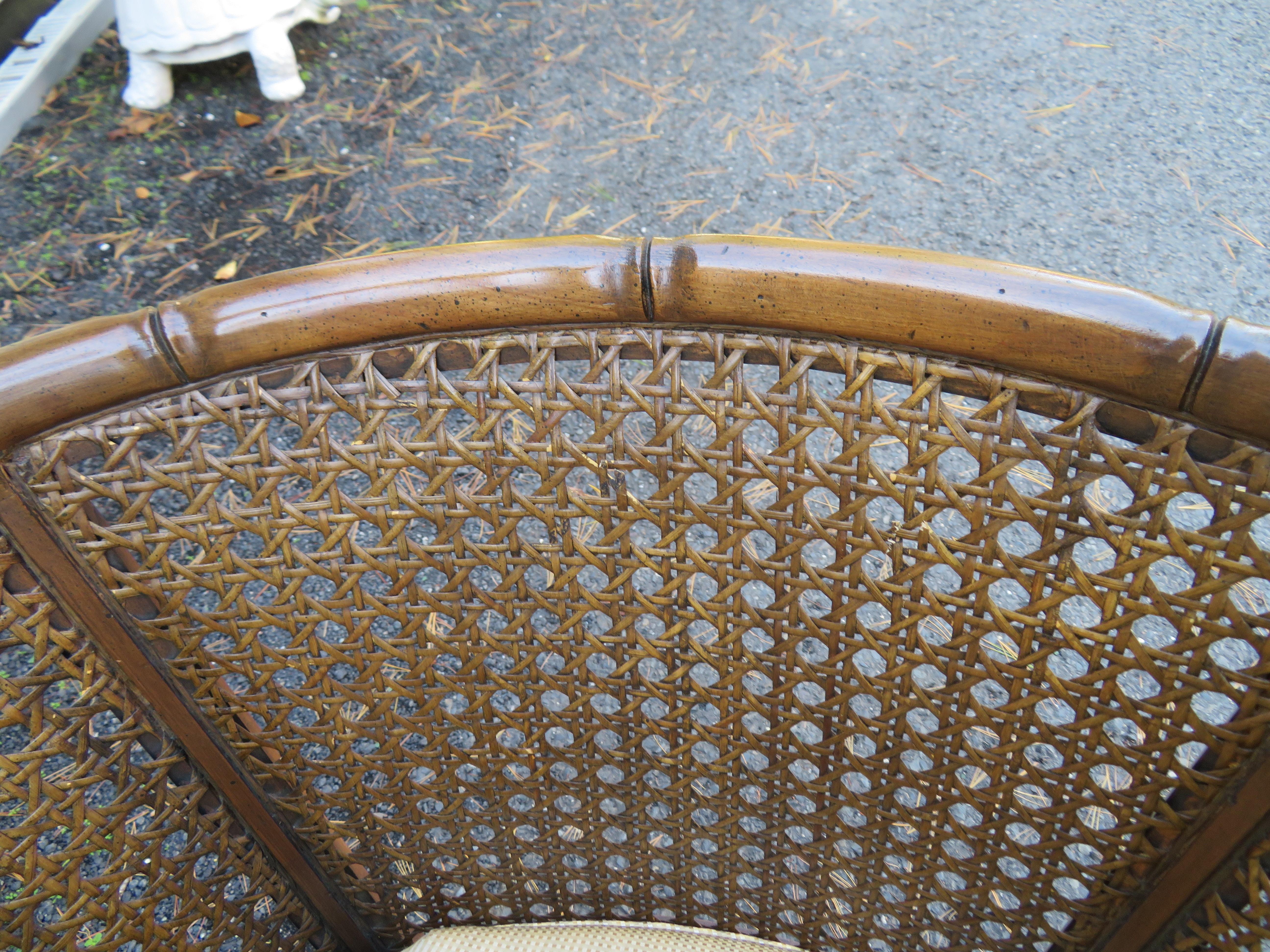 Upholstery Handsome Pair French Country Walnut Faux Bamboo Caned Club Accent Chairs For Sale