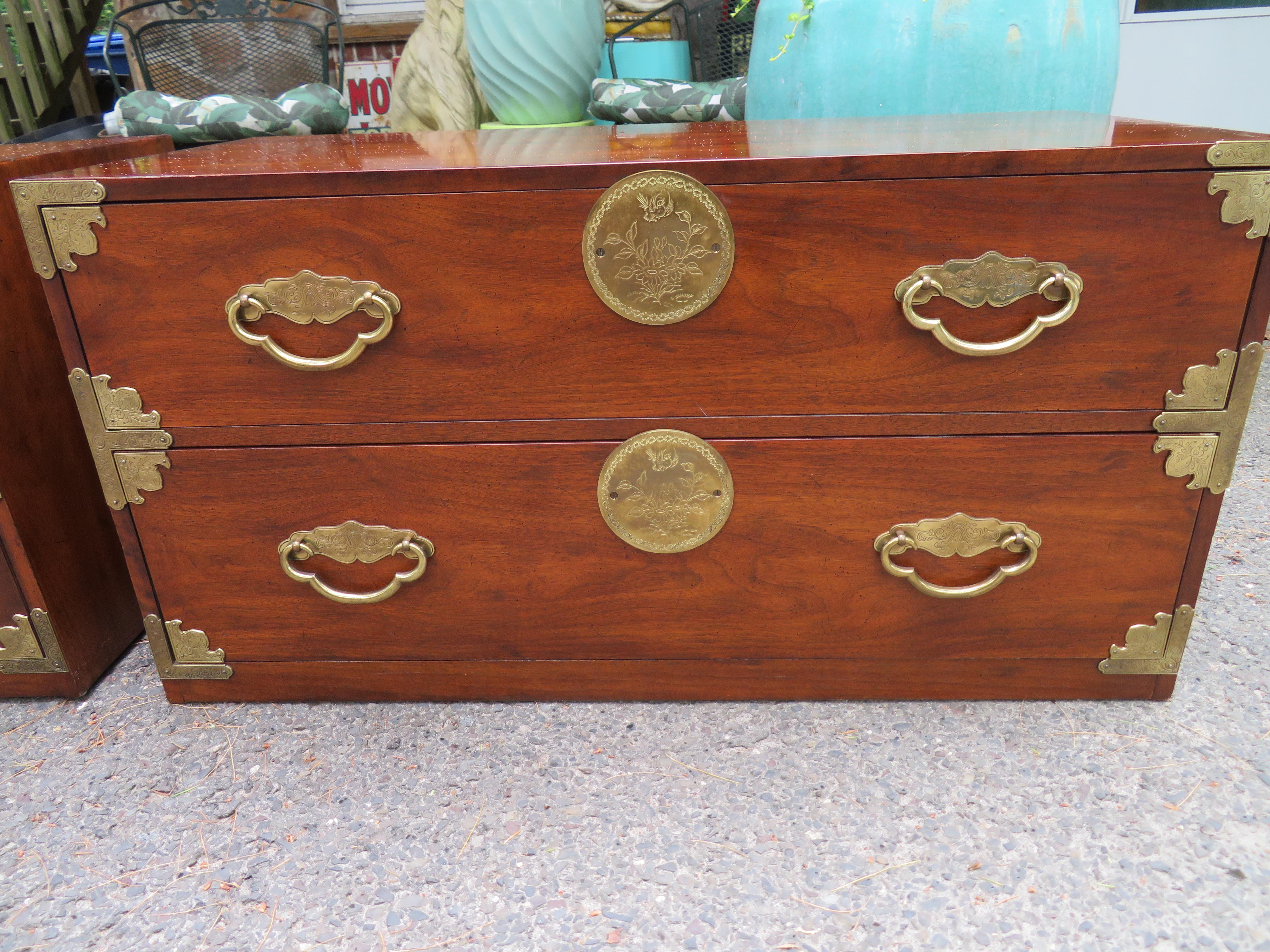 Handsome Pair of Henredon Asian Campaign Bachelors Chest, Mid-Century Modern 5