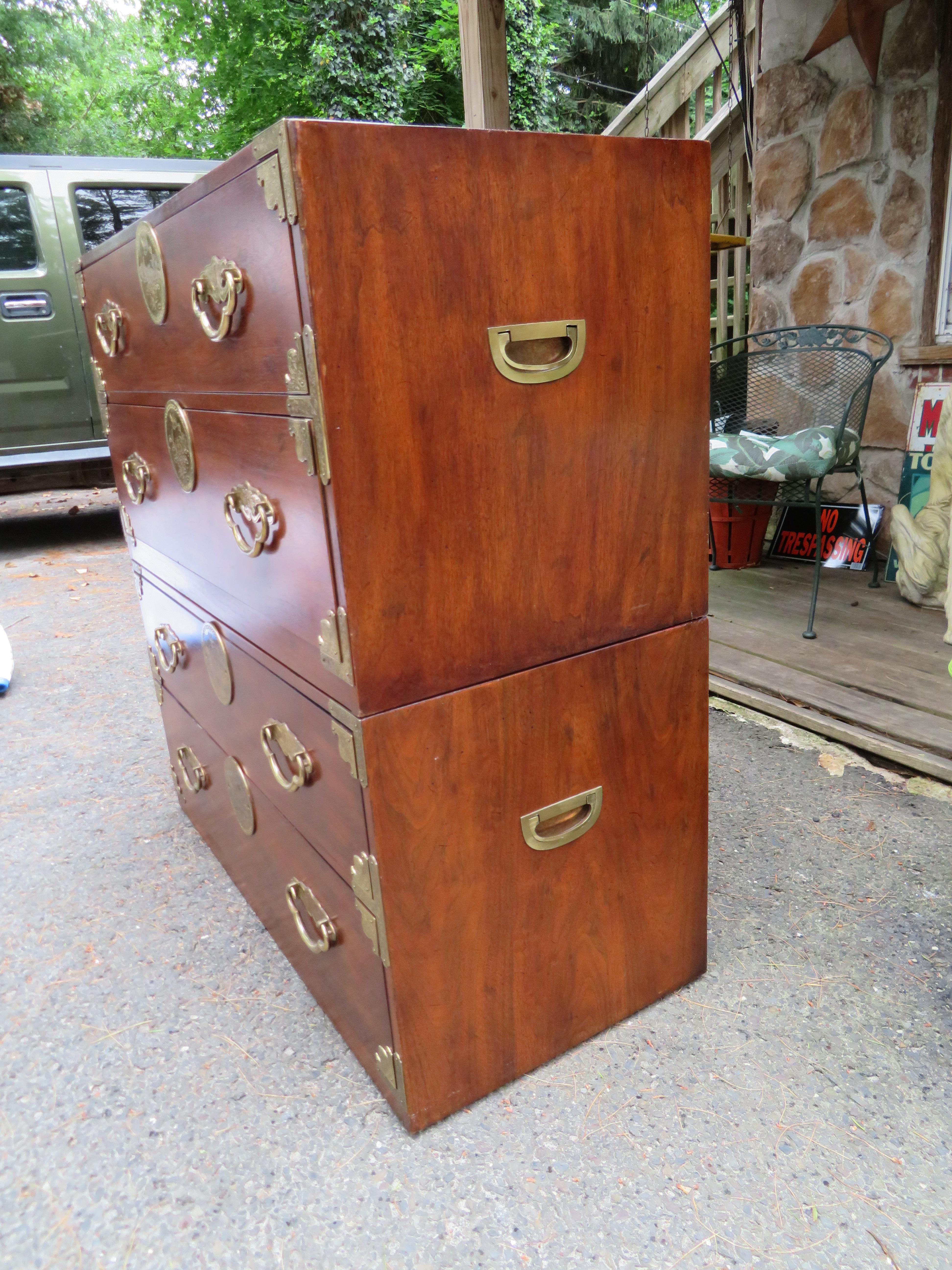 Handsome Pair of Henredon Asian Campaign Bachelors Chest, Mid-Century Modern 9