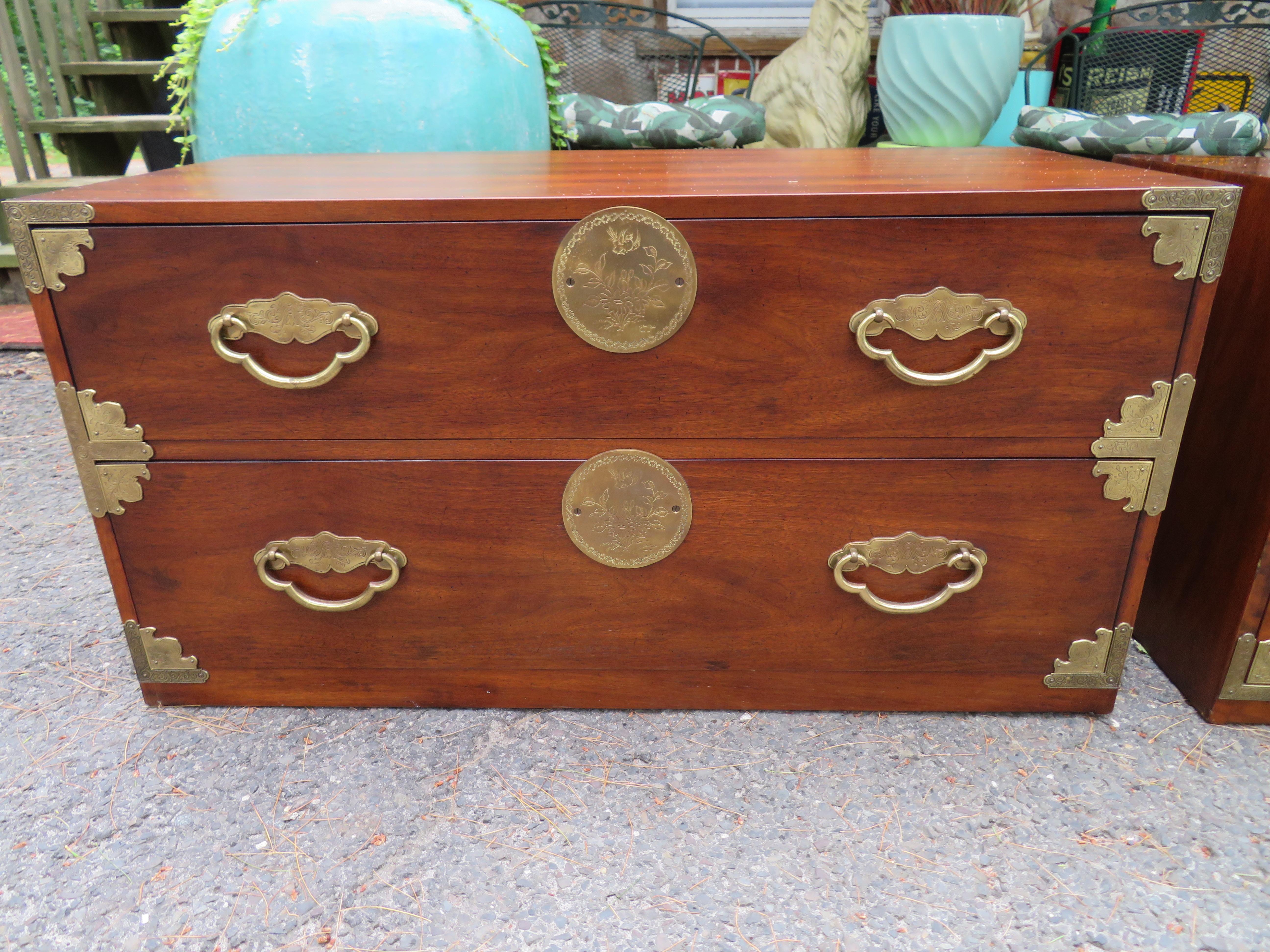 Chinoiserie Handsome Pair of Henredon Asian Campaign Bachelors Chest, Mid-Century Modern